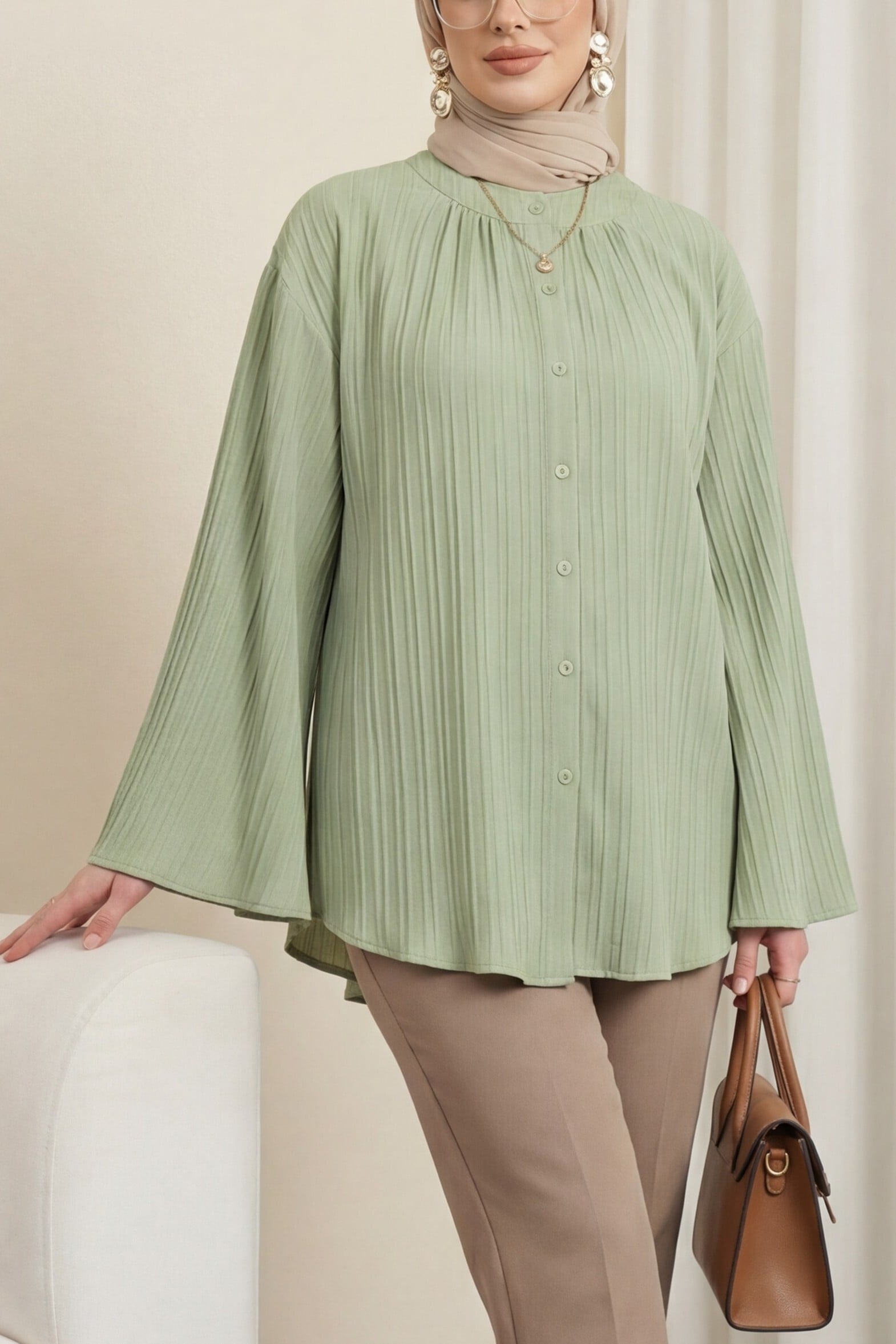 Round Neck Buttoned Spanish Sleeve Siena Tunic - Light Green - Podyumplus - by Peralane - photo 5