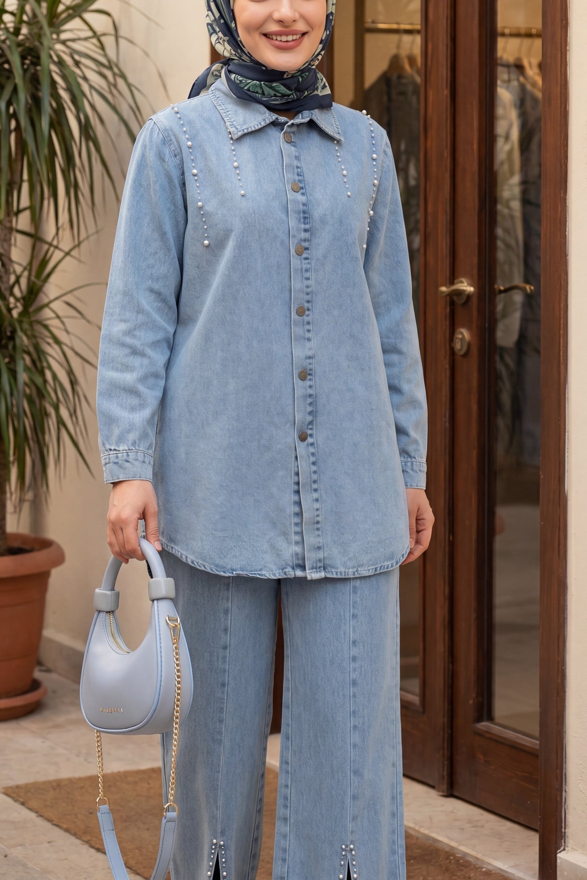 Stone Detailed Split Hem Two-Piece Denim Set - Ice Blue - Podyumplus - by Peralane - photo 5