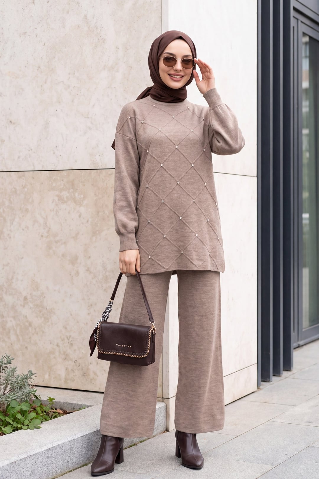 Square Pattern Rhinestone Balloon Sleeve Knit Set - Taupe - Podyumplus - by Peralane - photo 5