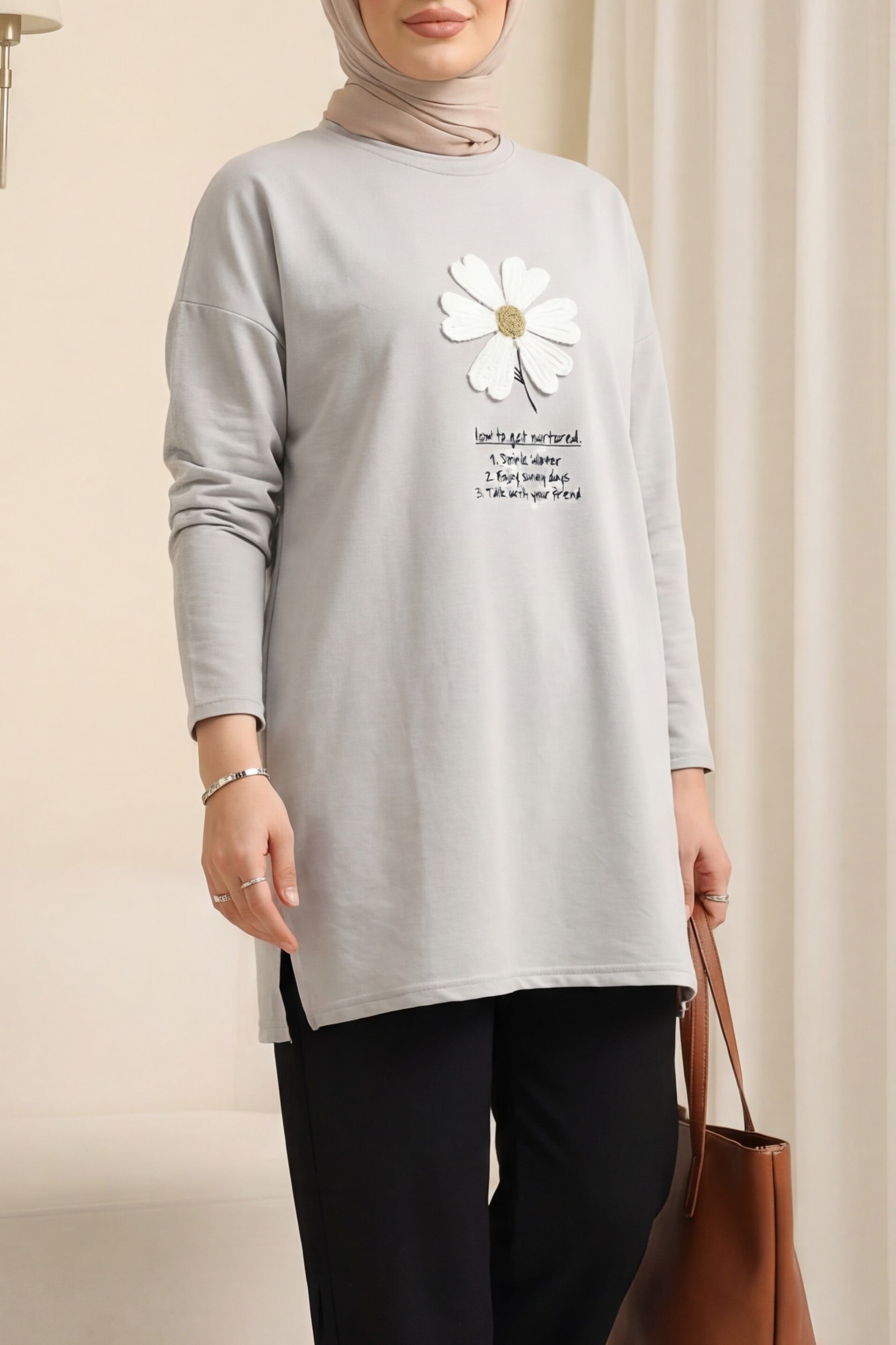 Grey Long-Sleeve Jersey Tunic with Floral Applique - Podyumplus - by Peralane