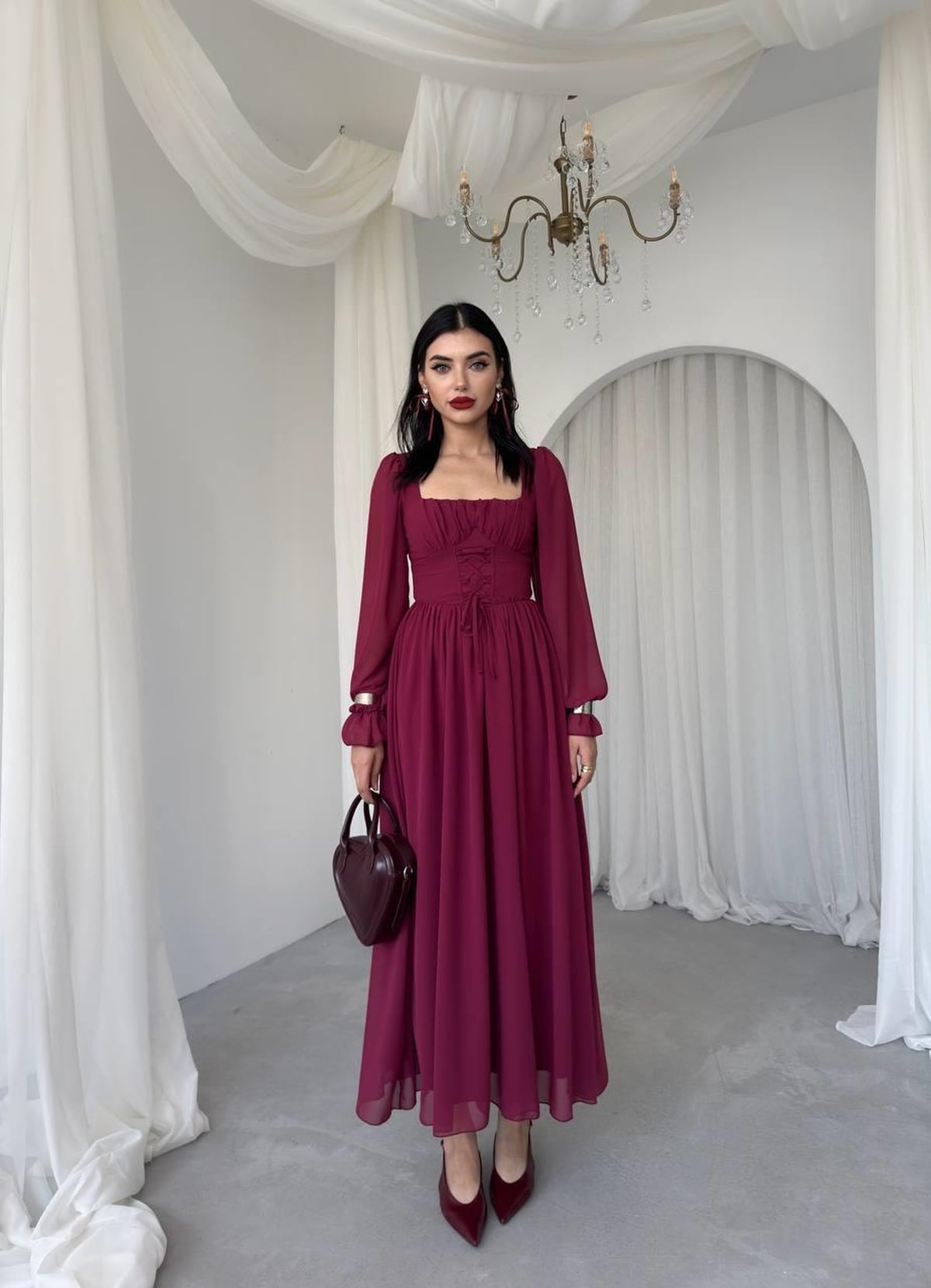 Burgundy Wrap Corset Detail Chiffon Dress with Sheer Sleeves - Etika - by Peralane - photo 7