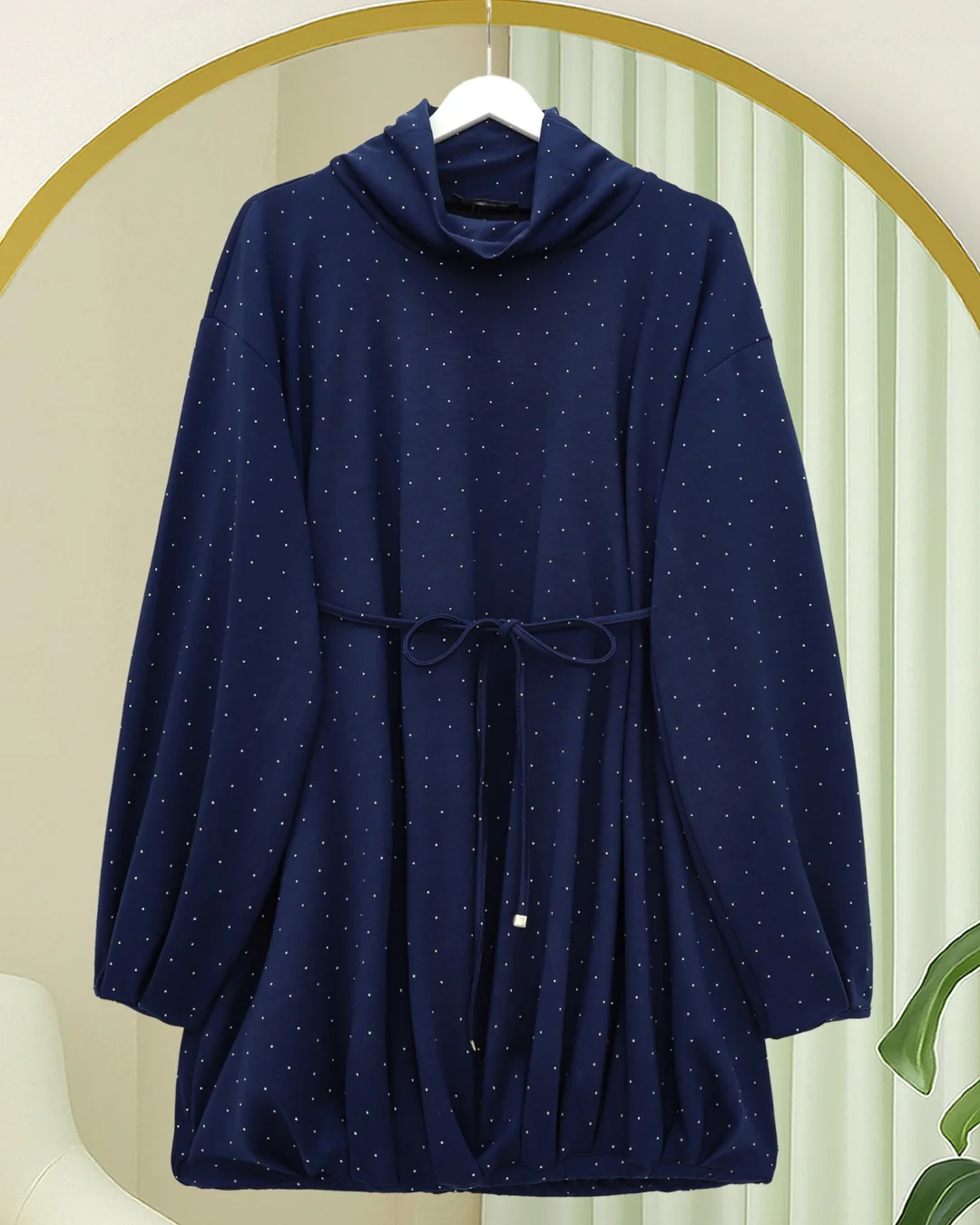 Navy Polka Dot Drawstring Waist Sweatshirt Dress with Half Collar - Podyumplus - by Peralane - photo 3