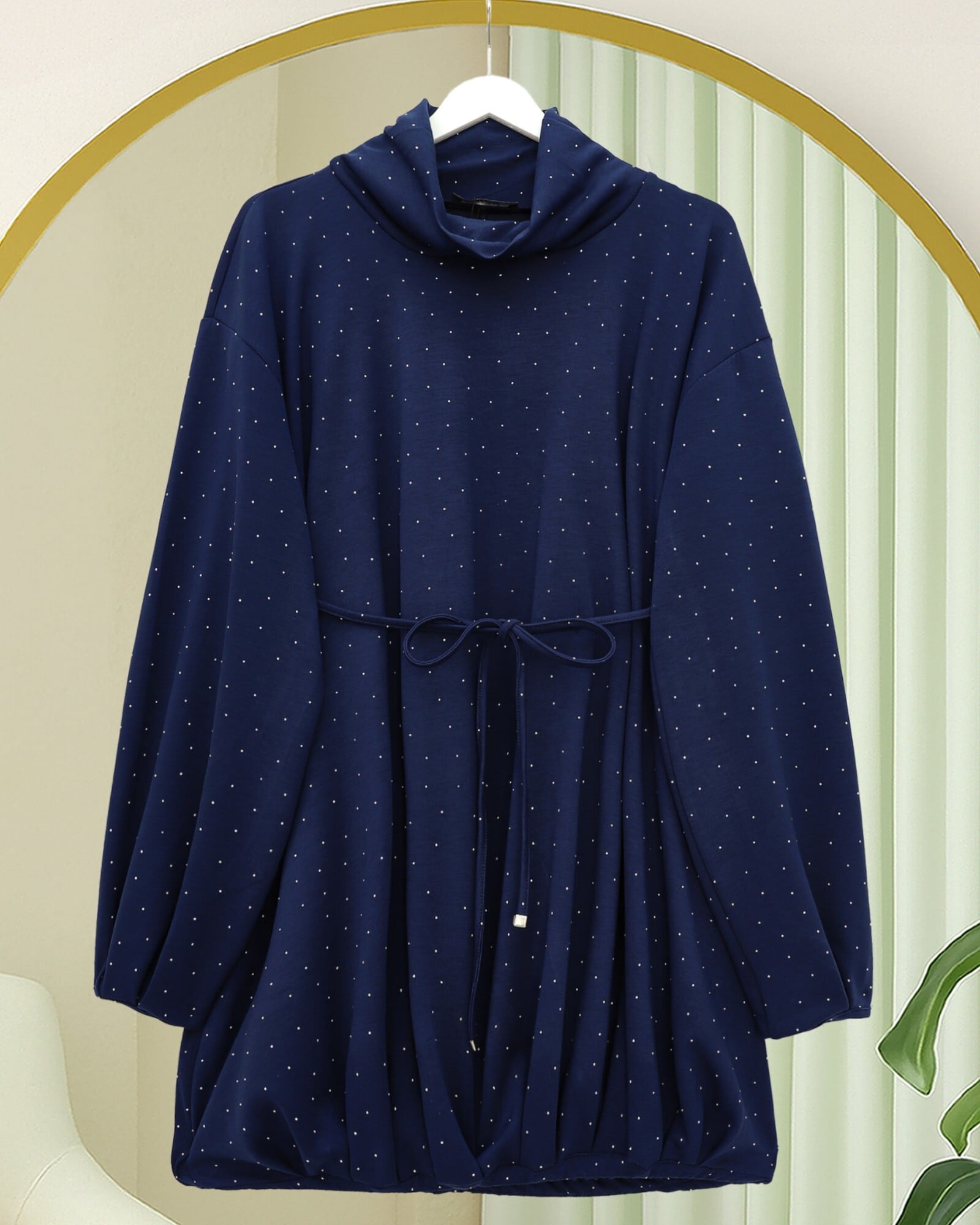 Navy Polka Dot Drawstring Waist Sweatshirt Dress with Half Collar - Podyumplus - by Peralane - photo 3
