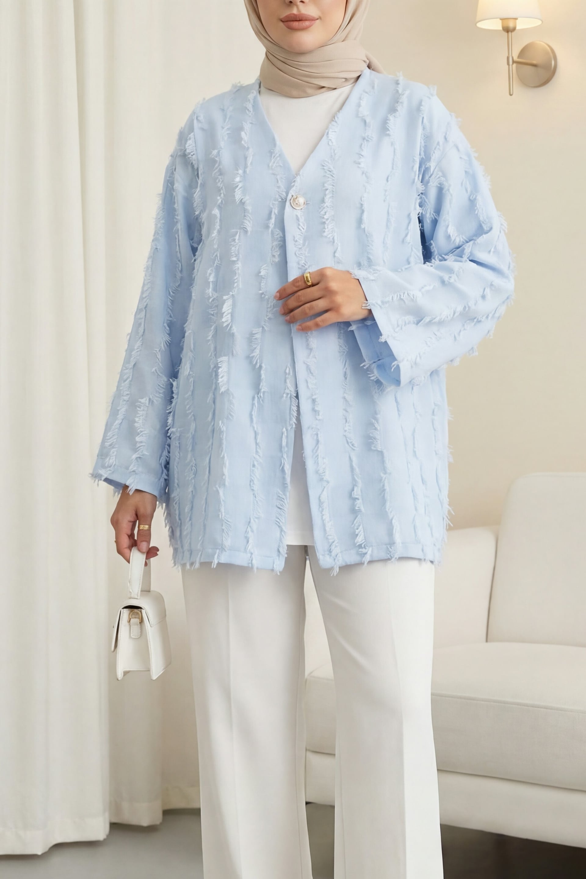Fringed Single-Button Check Pattern Kimono - Baby Blue - Podyumplus - by Peralane