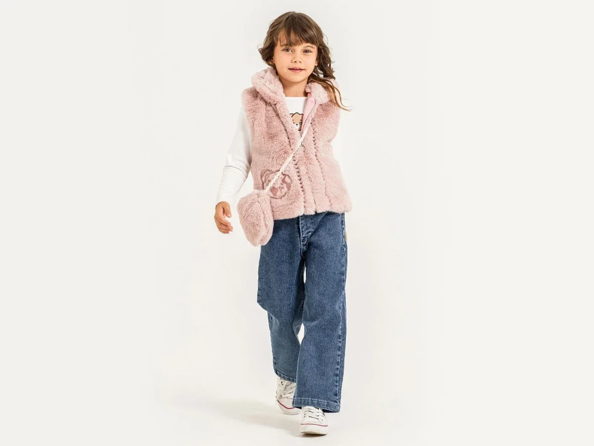 Faux Fur Vest with Bear Embroidery and Bag - Girls' 3-Piece Set - Pampal Kids - by Peralane