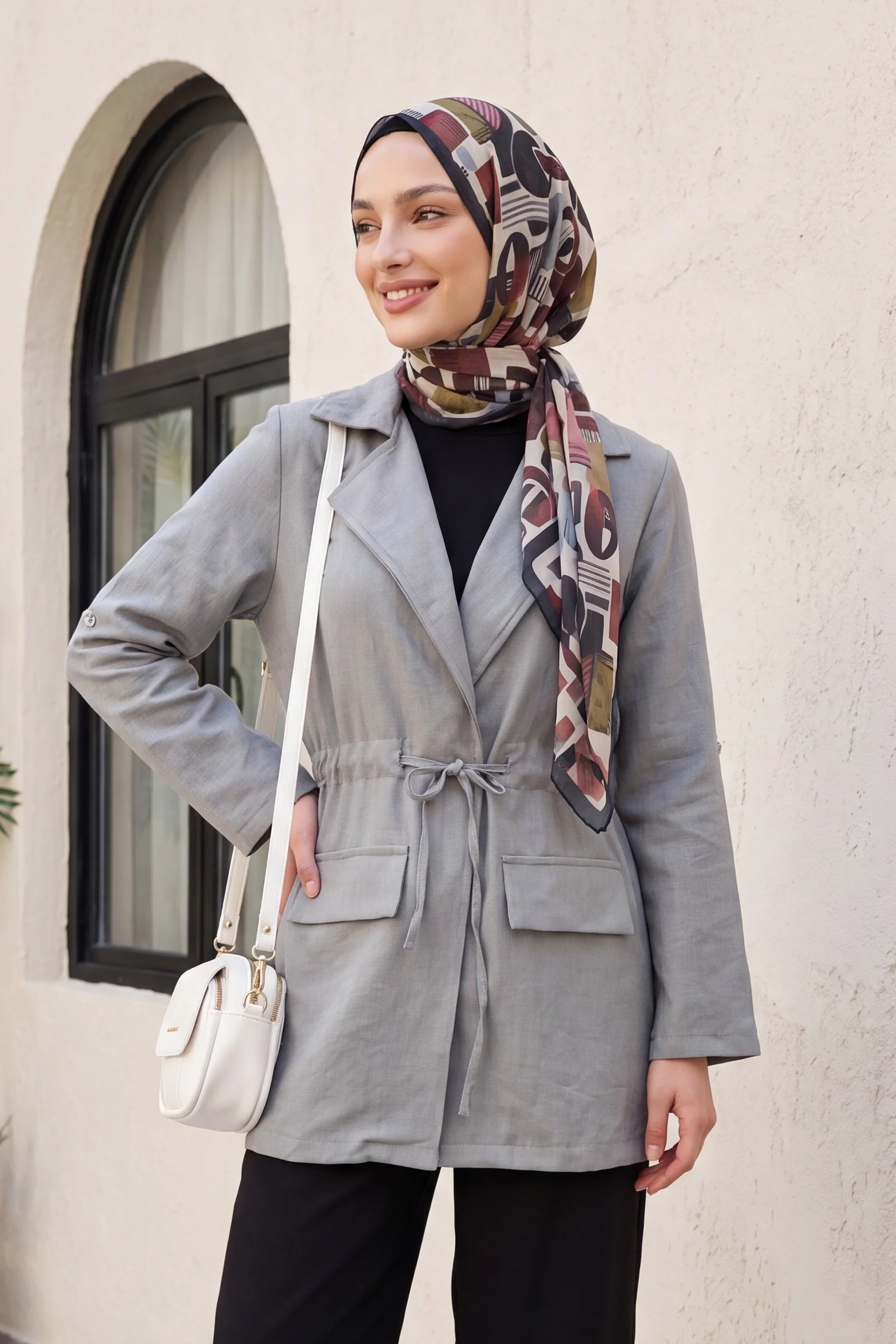 Tunnel Lace Pocket Detail Linen-Look Kimono - Light Grey - Podyumplus - by Peralane - photo 2