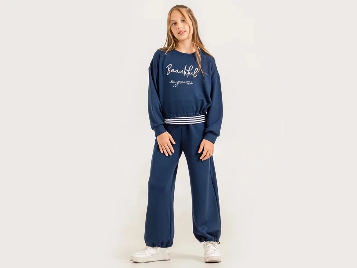 Beautiful Print Crop Girls' Tracksuit Set in Navy - ÖZ Bebe - by Peralane
