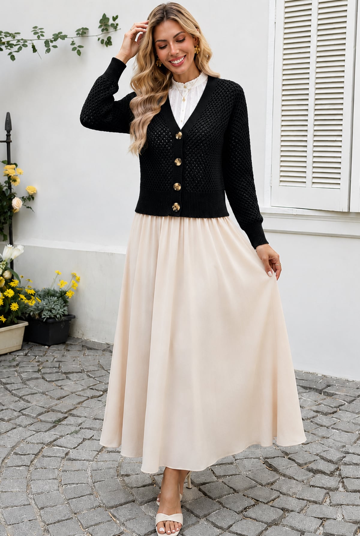 Women's Black Waffle Knit Cardigan with V-Neck and Bone Buttons - Podyumplus - by Peralane