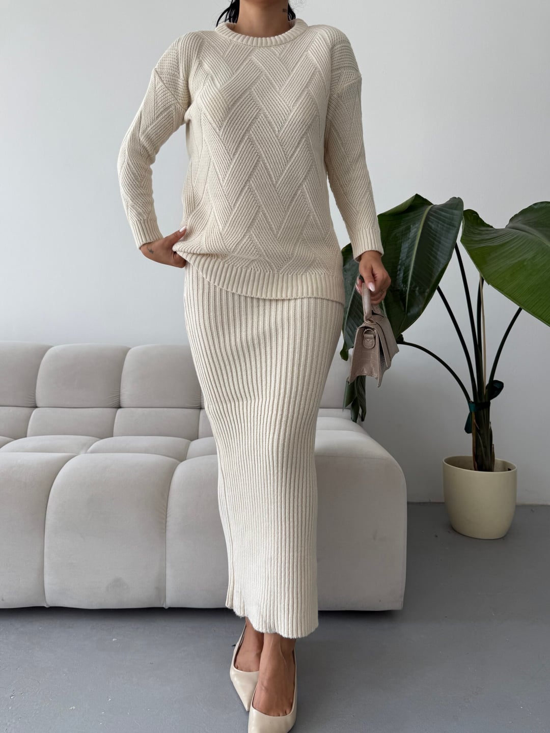 Cream Ribbed Knit Sweater and Maxi Skirt Set - My Bee - by Peralane
