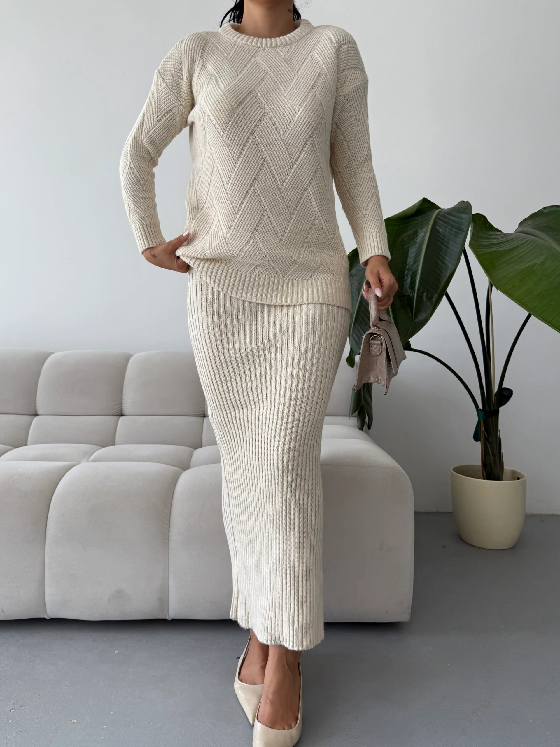 Cream Ribbed Knit Sweater and Maxi Skirt Set - My Bee - by Peralane