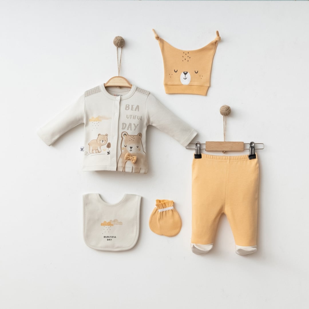 2-Piece Baby Cardigan and Pants Set in Mustard with Hat, Bib, and Mittens - Gumus Baby - by Peralane