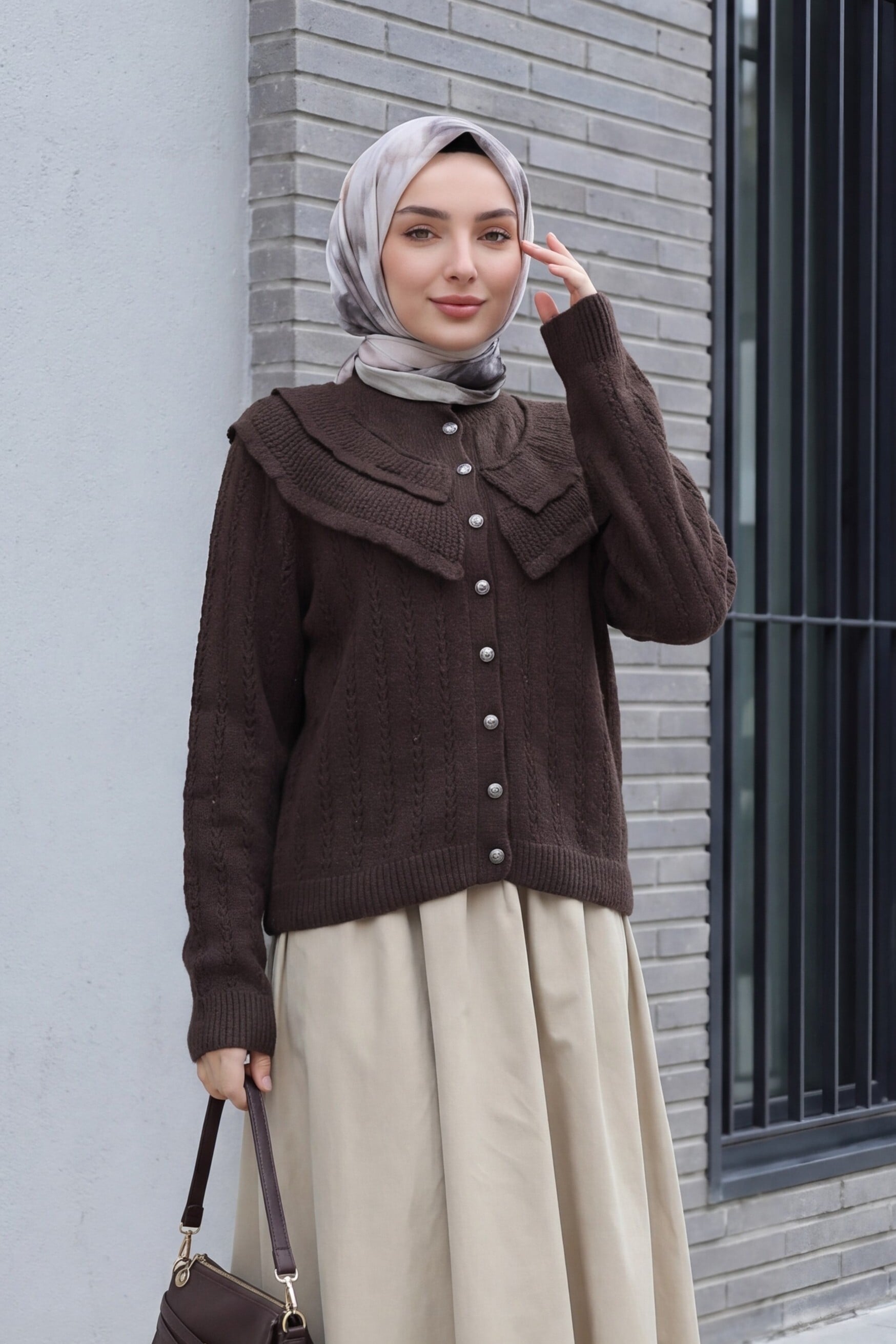 High Neck Ruffle Detail Openwork Buttoned Knit Cardigan - Dark Brown - Podyumplus - by Peralane