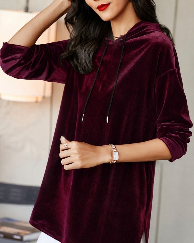 Women's Burgundy Velvet Long-Sleeve Hooded Blouse with Drawstring - Janes - by Peralane - photo 2