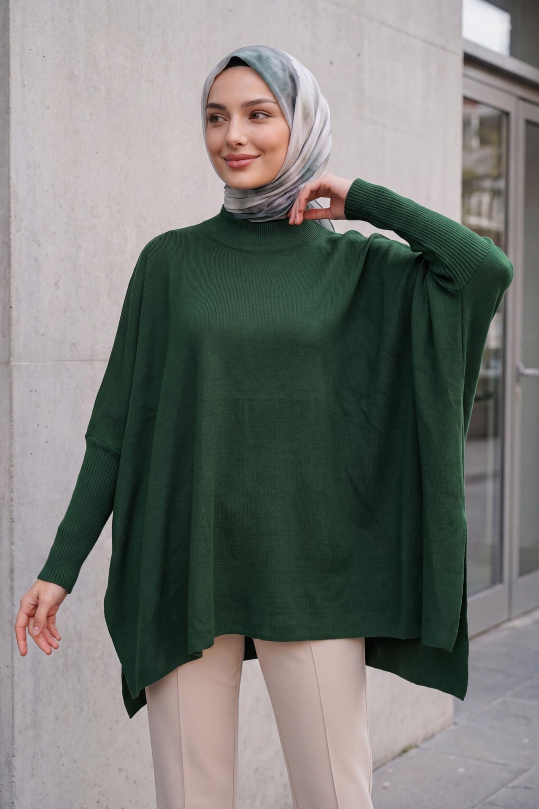 Side Slit Oversize Poncho Knit Sweater - Emerald Green - Bigdart - by Peralane - photo 2