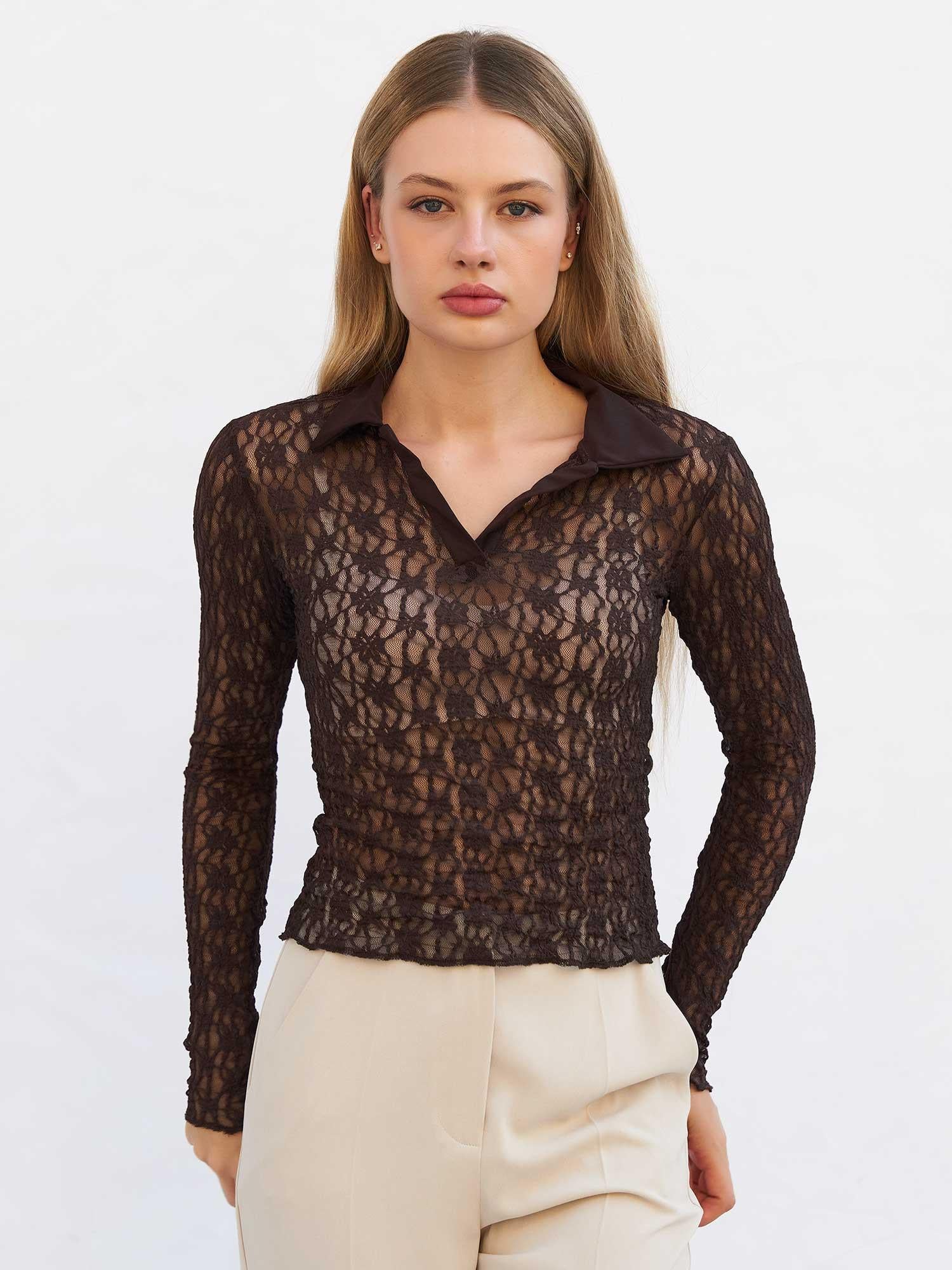 Long-Sleeved Collared Lace Blouse in Dark Brown - Lefon - by Peralane