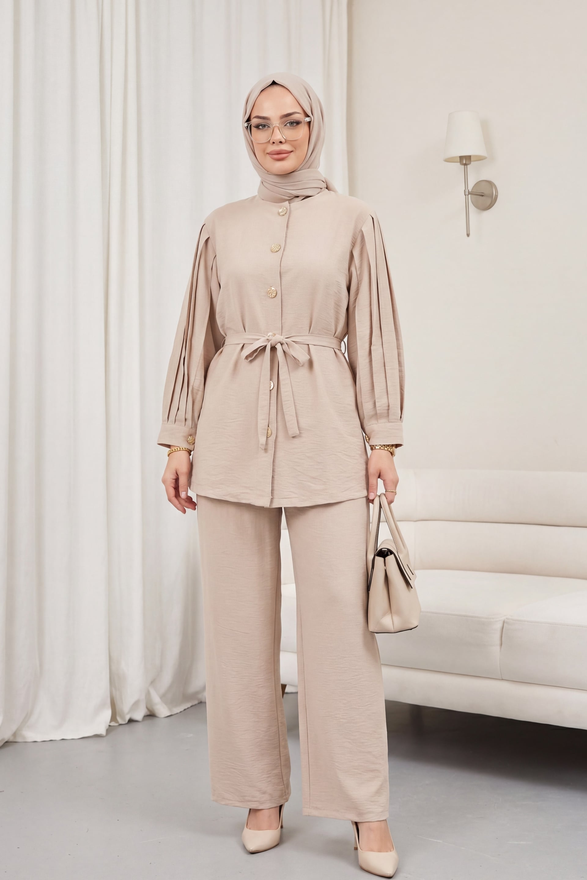 Watermelon Sleeve Tie-Waist Trousers Lena Set - Light Beige - Podyumplus - by Peralane - photo 4