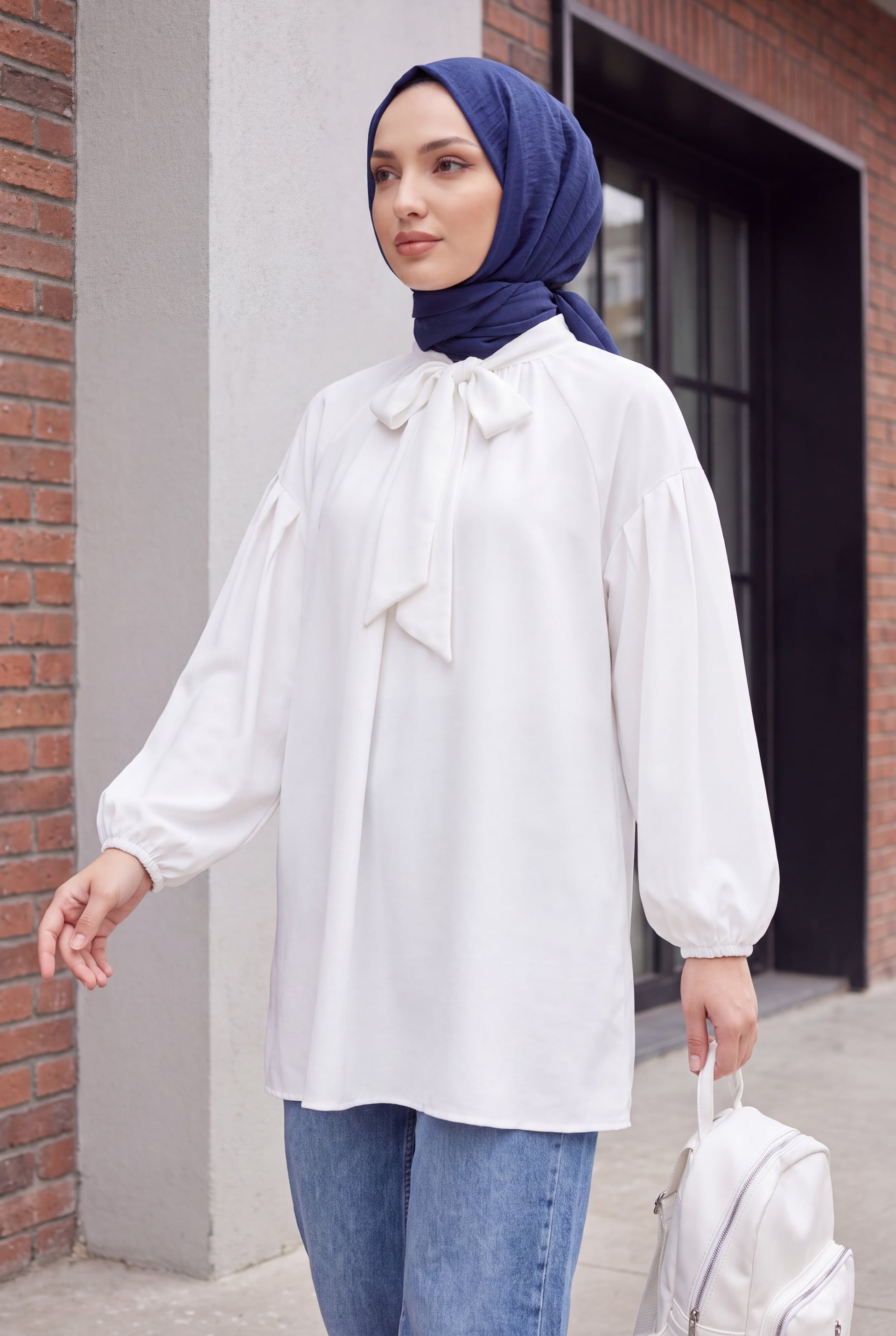 White Lace-up Collar Elastic Cuff Tunic - Podyumplus - by Peralane