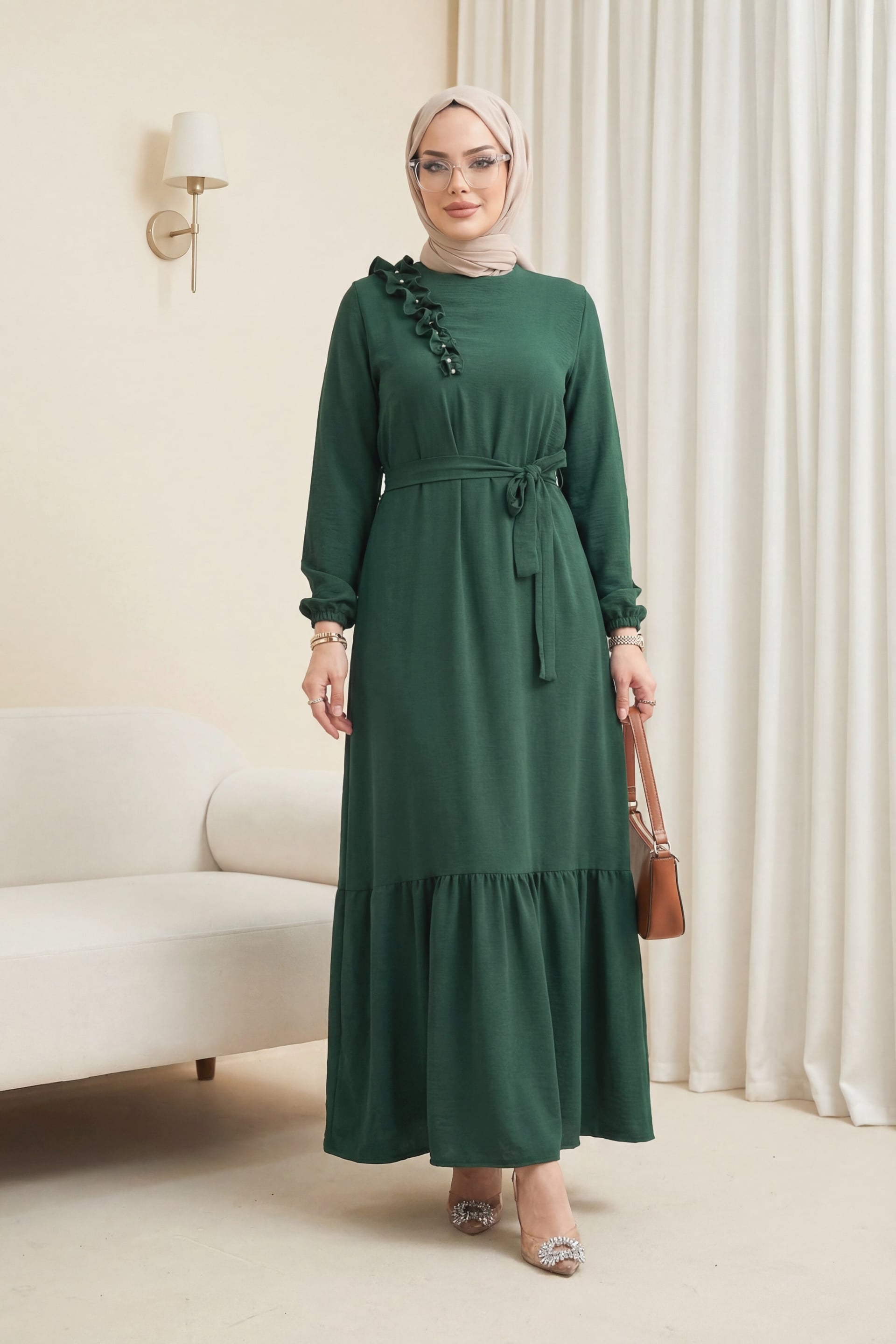 Ruffled Beaded Tiered Maxi Dress with Belt - Emerald - Podyumplus - by Peralane