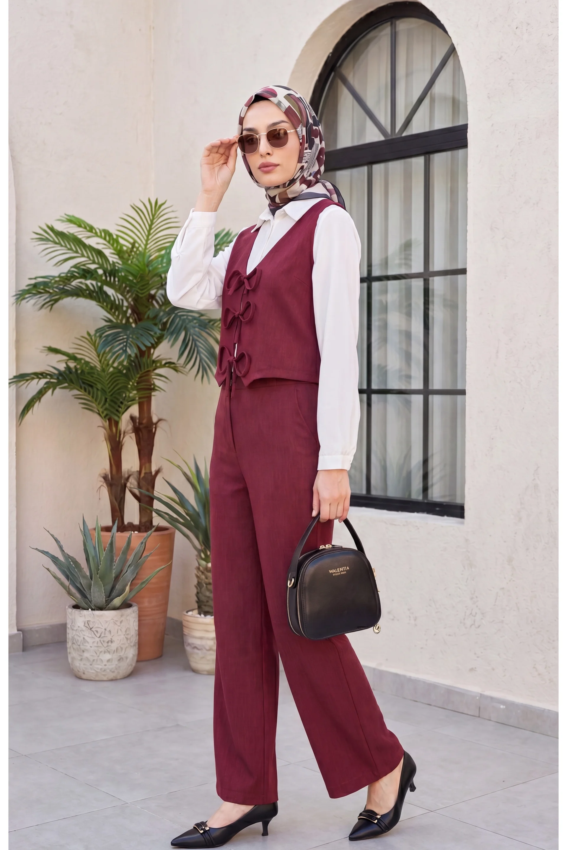 Burgundy Tie-Front Vest and Wide-Leg Trousers Two-Piece Set - Podyumplus - by Peralane