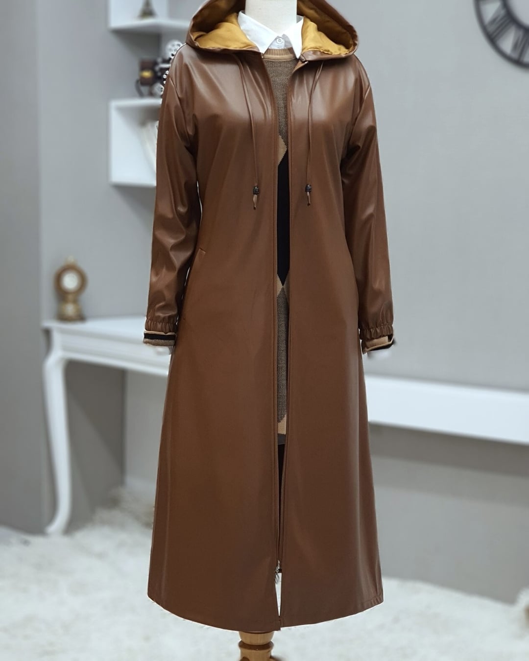 Hooded Zip-Front Faux-Leather Longline Jacket in Tan - Podyumplus - by Peralane - photo 4