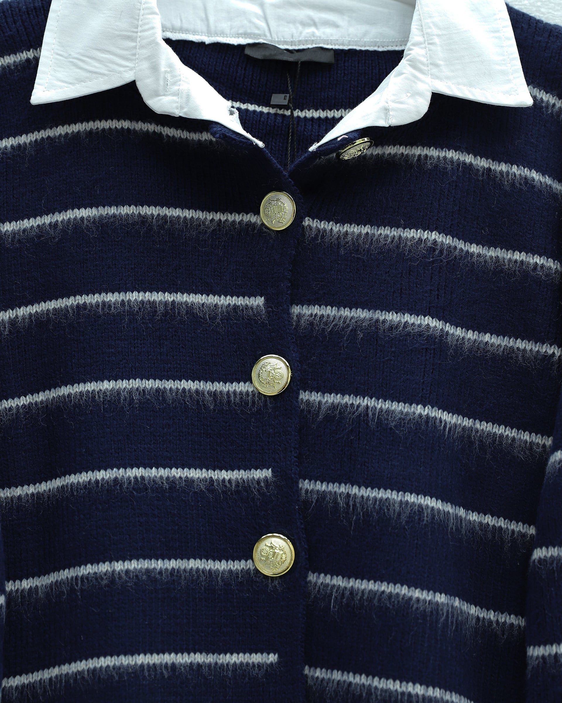 Navy Blue Striped Button-Front Knit Cardigan with Shirt Collar - Podyumplus - by Peralane - photo 4