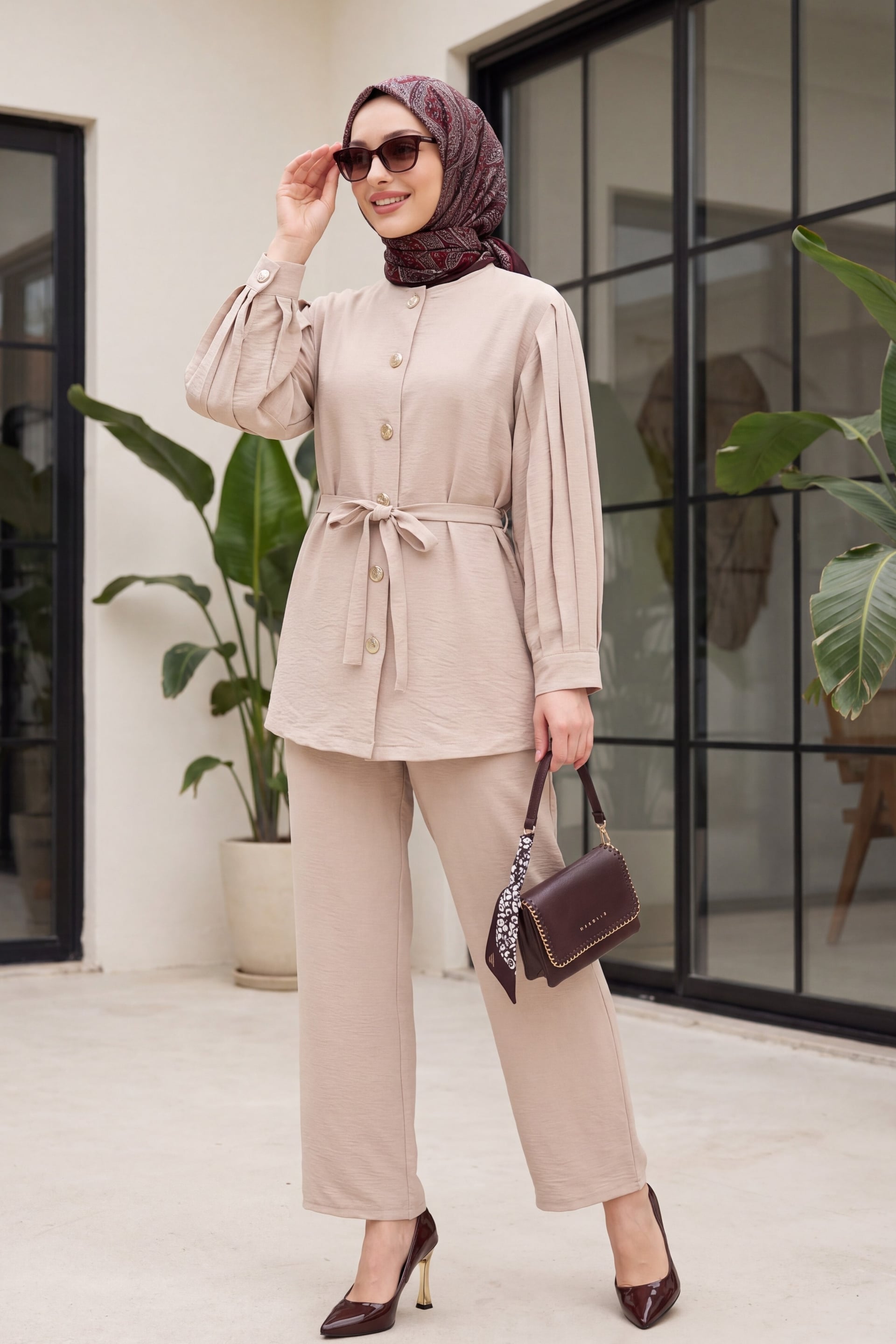 Watermelon Sleeve Tie-Waist Trousers Lena Set - Light Beige - Podyumplus - by Peralane - photo 2