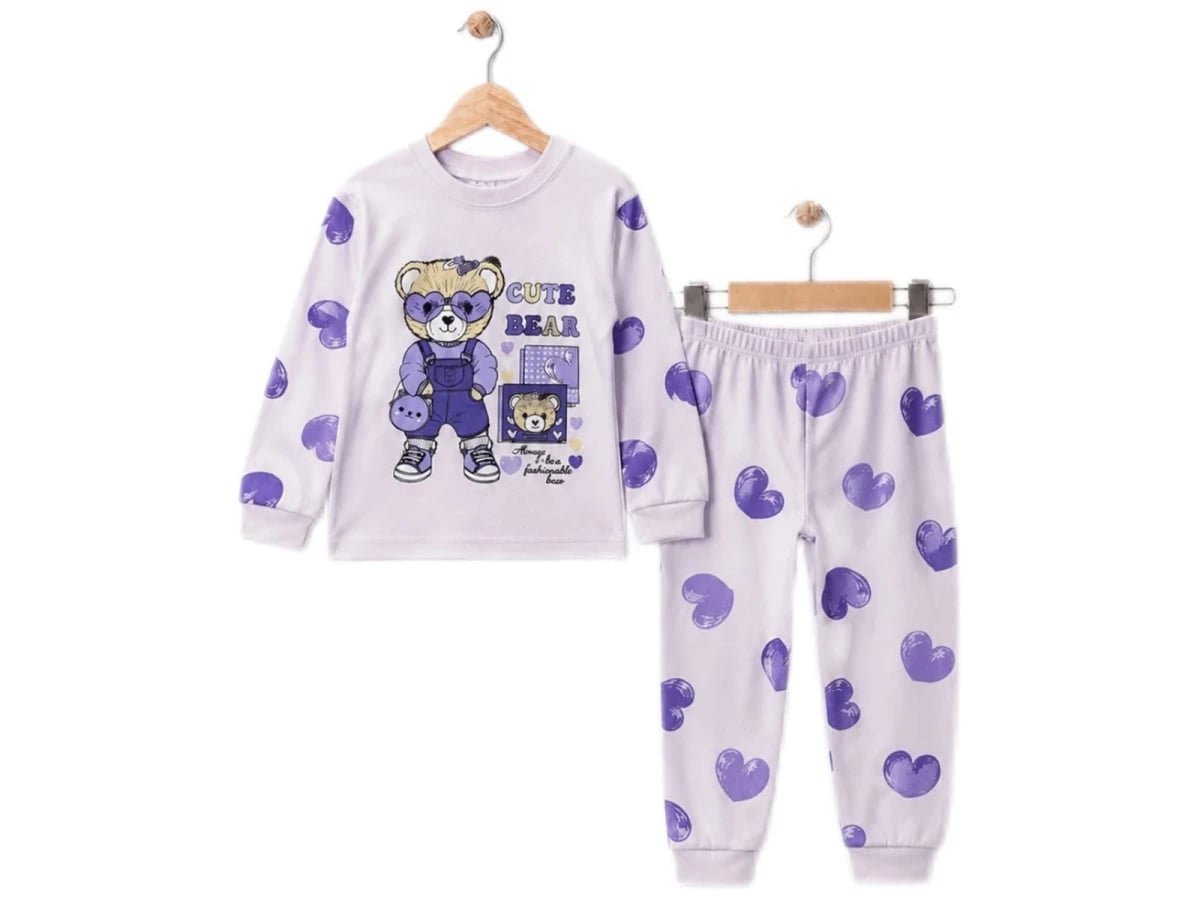 Cute Bear Print Heart Pattern Girls' Pyjama Set - Supermini - by Peralane