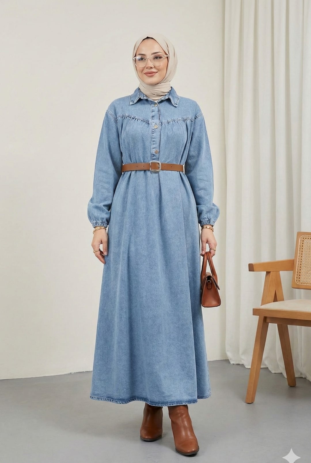 Half Button Denim Dress with Elasticated Sleeves and Belt - Light Blue - Podyumplus - by Peralane - photo 4