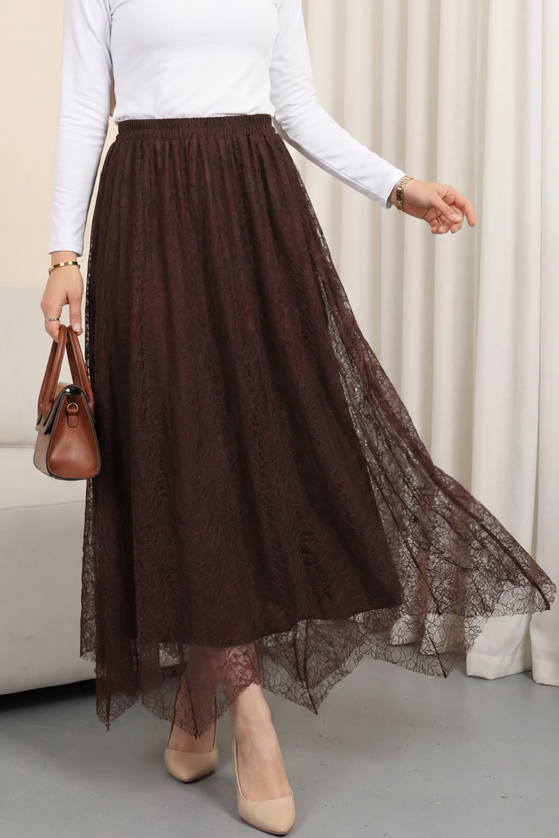 Asymmetric Lined Elastic Waist Tulle Skirt - Dark Brown - Podyumplus - by Peralane
