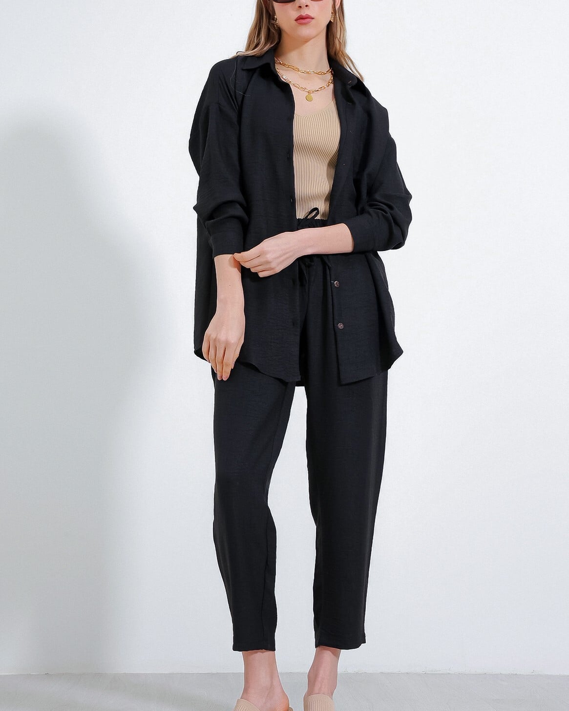 Women's Black Linen Two-Piece Lounge Set with Shirt and Trousers - Bigdart - by Peralane - photo 2
