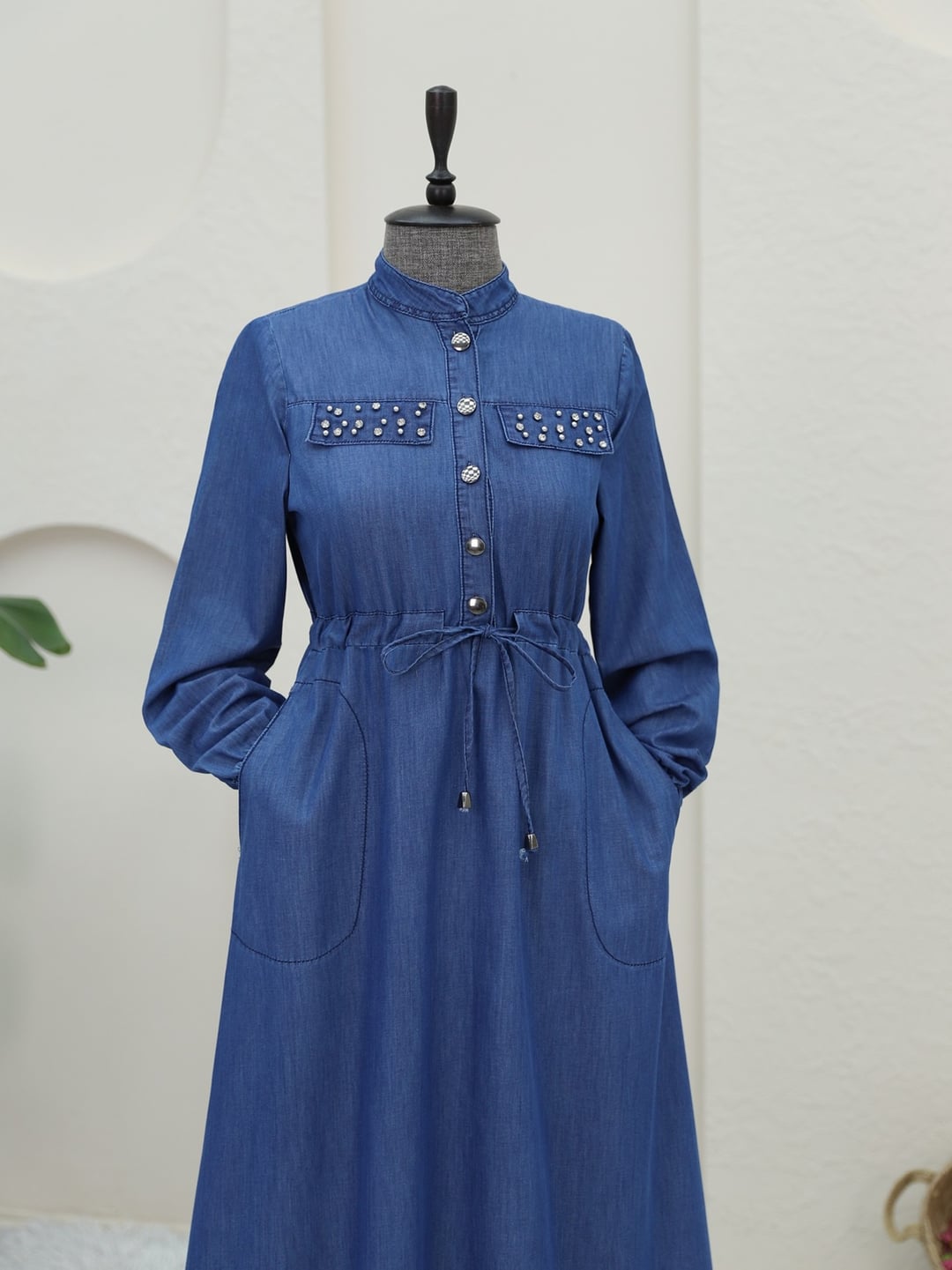 Stud Pocket Tunnel Lace Denim Dress - Indigo - Podyumplus - by Peralane - photo 2