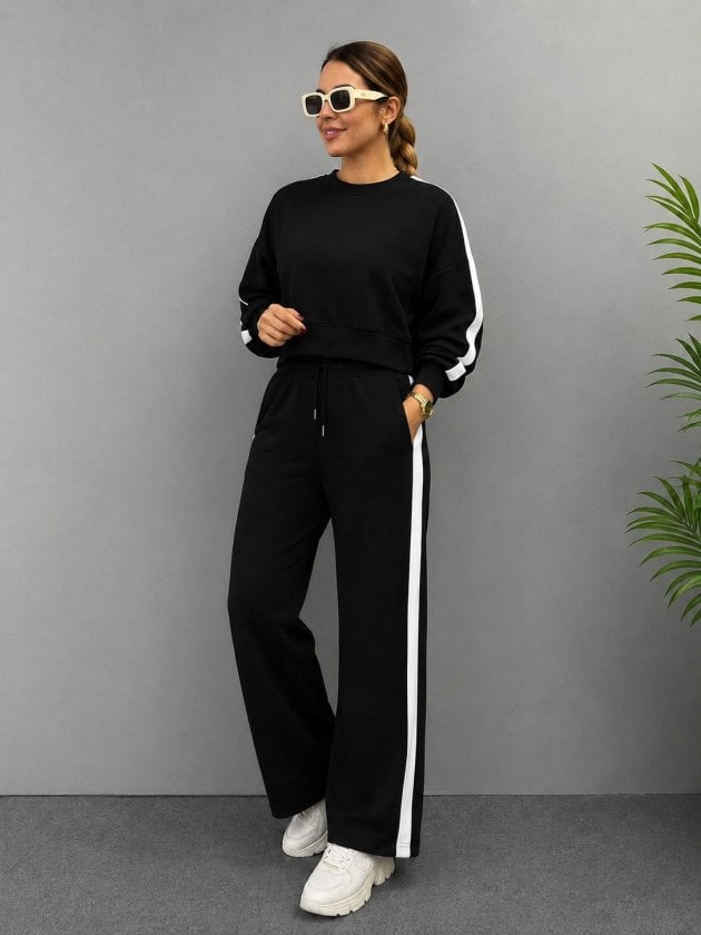 Women's Long Sleeve Crew Neck Short Viscose Two-Thread Blouse and Trousers Two-Piece Set - Janes - by Peralane