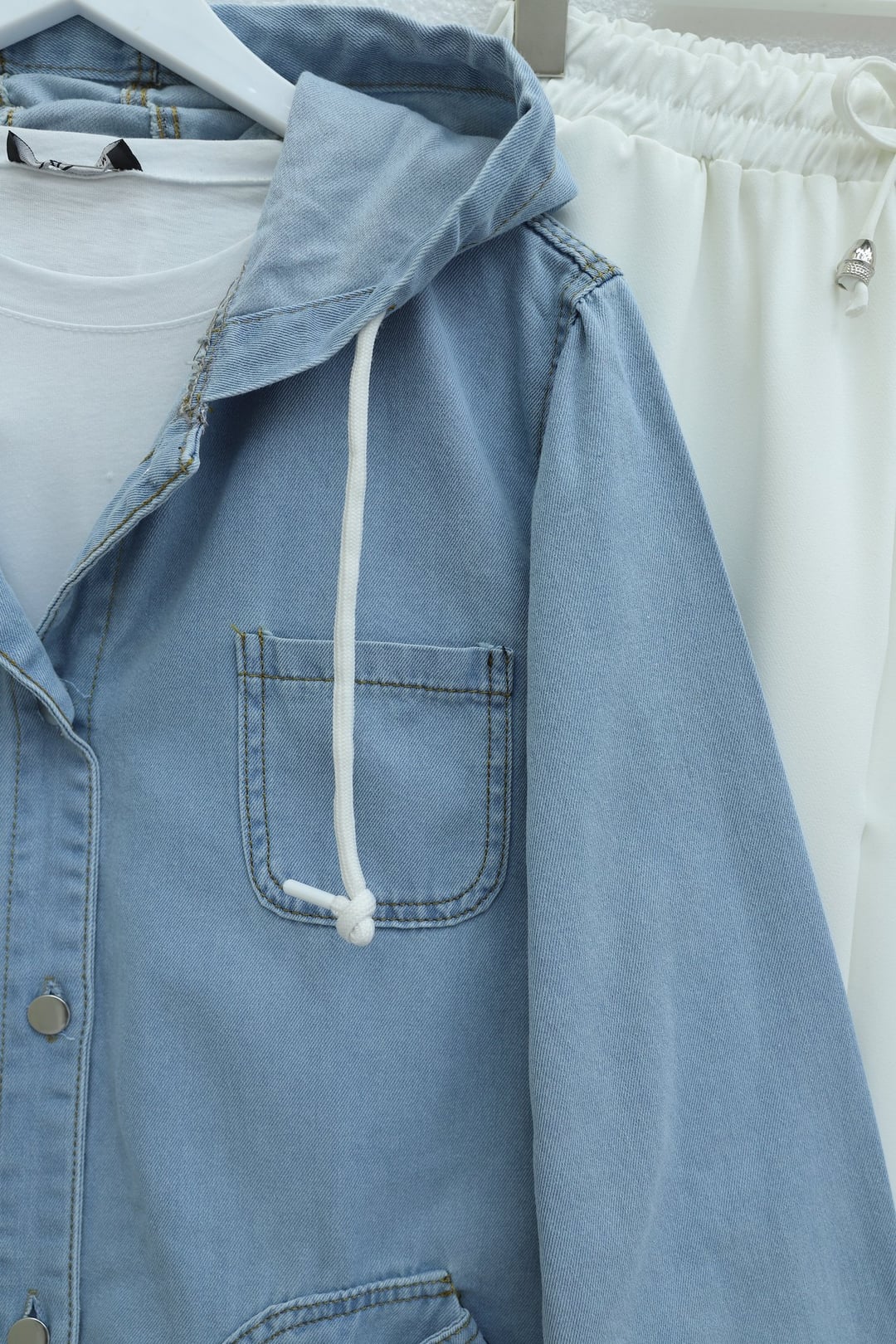 Long Denim Jacket with Hood - Light Blue - Podyumplus - by Peralane - photo 7