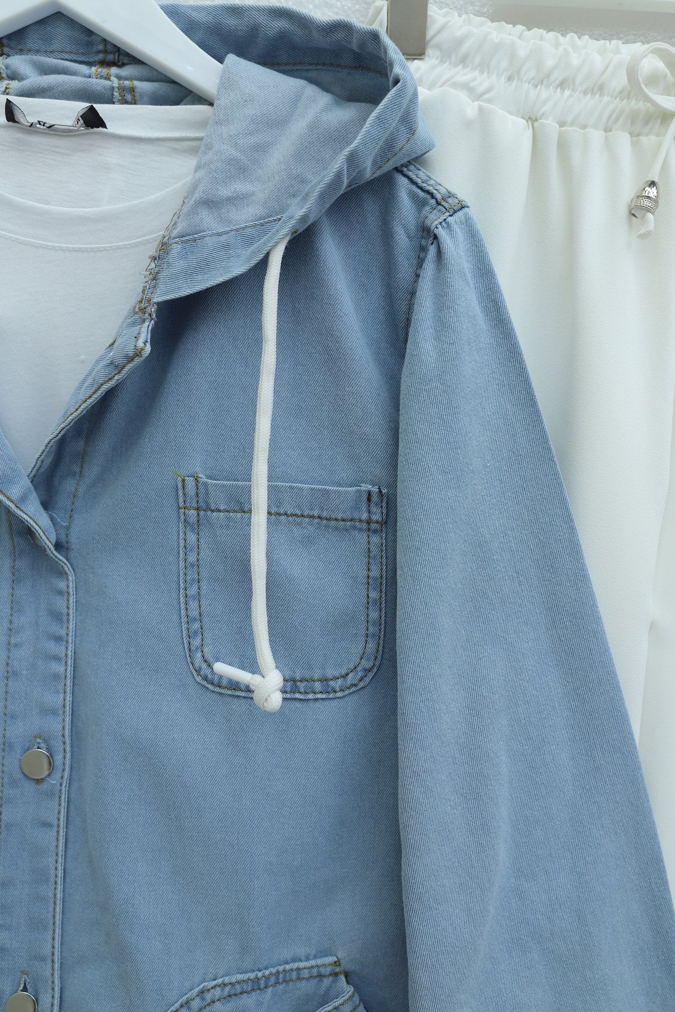 Long Denim Jacket with Hood - Light Blue - Podyumplus - by Peralane - photo 7
