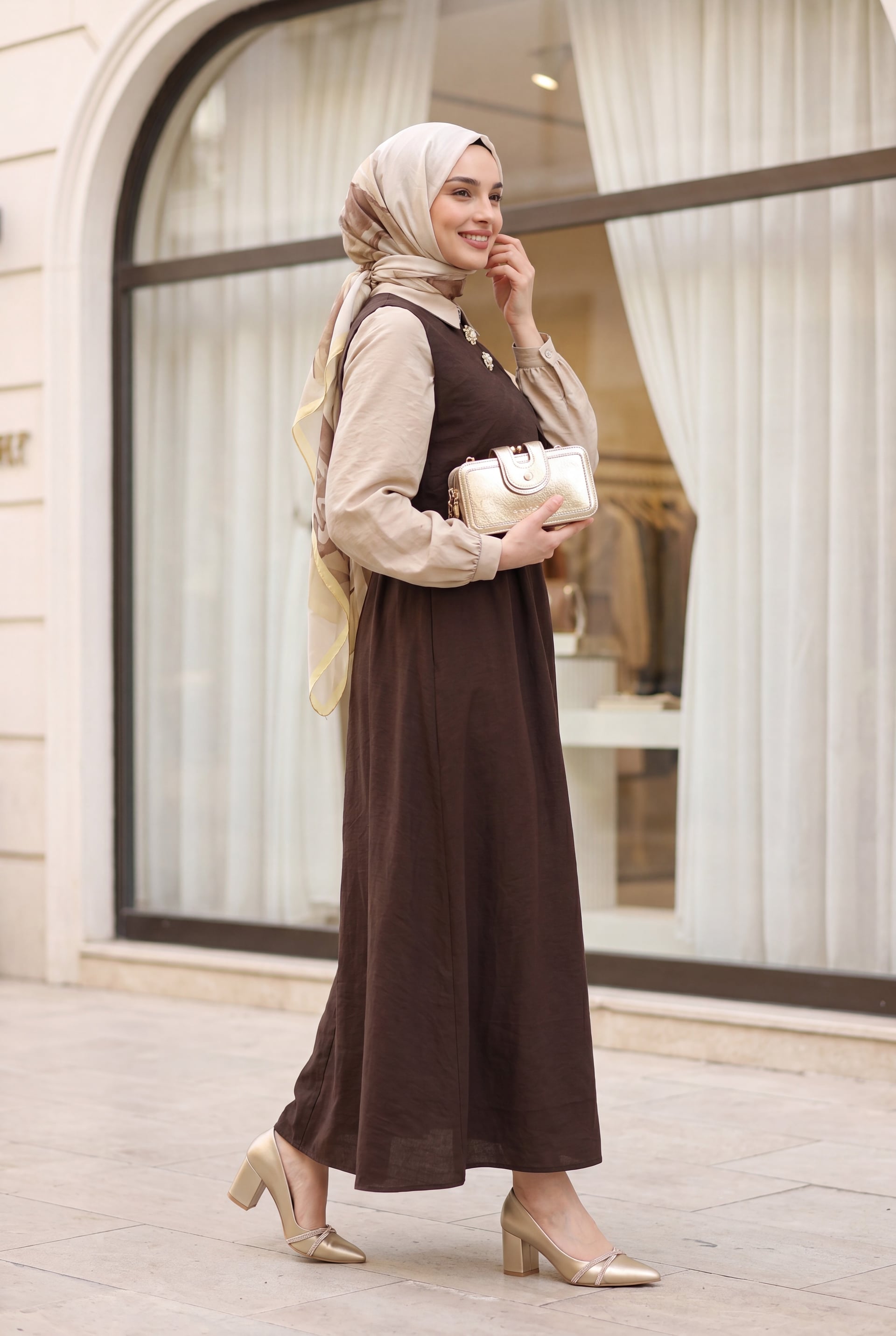 Snap Mini Vest Long Modal Dress with Half Button and Elastic Waist - Dark Brown - Podyumplus - by Peralane - photo 2