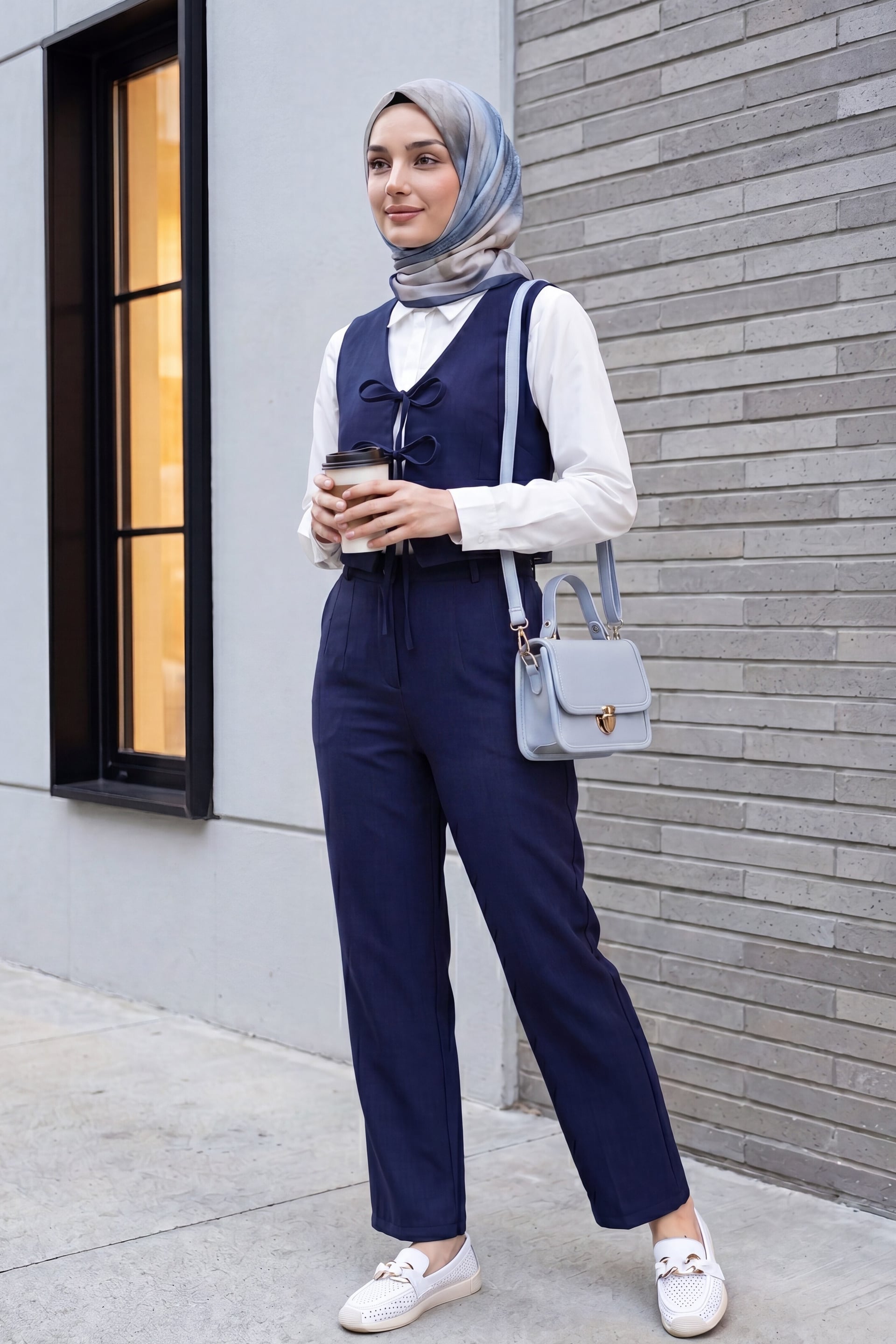 Women's Linen Look 3-Piece Set with Lace-Up Front Shirt, Vest, and Trousers - Navy - Podyumplus - by Peralane - photo 2