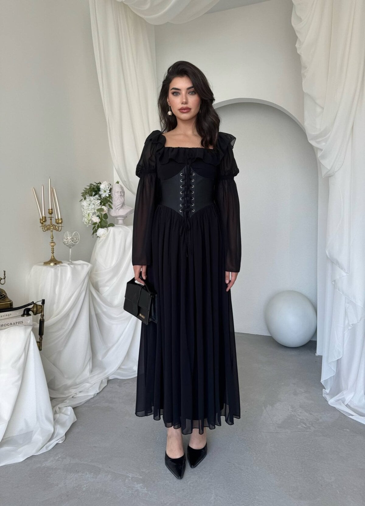 Women's Black Floor-Length Dress with Faux Leather Bodice - Etika - by Peralane - photo 4