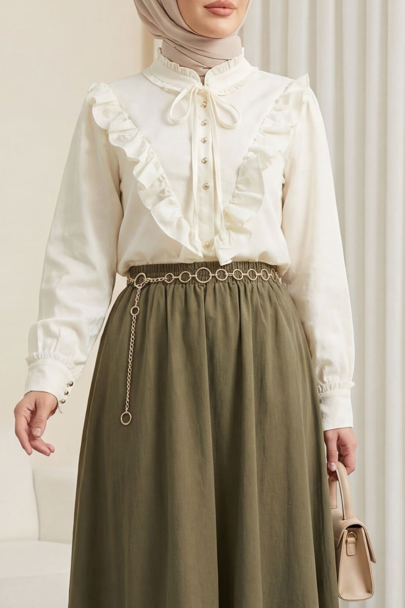Cream Ruffled Tie-Front Jacquard Blouse with Olive Green Skirt Set - Podyumplus - by Peralane