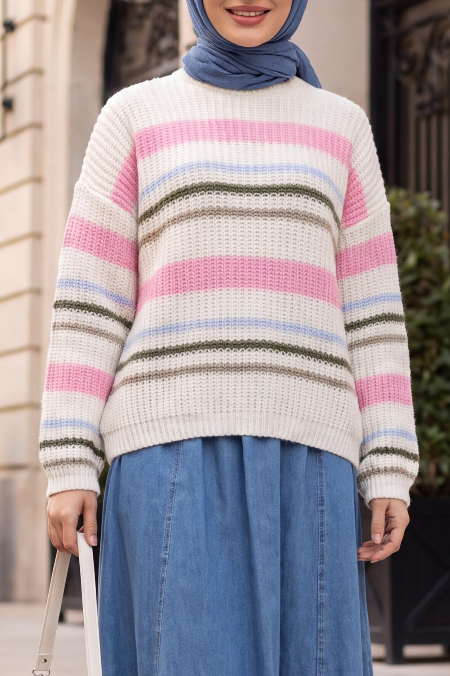 Crew Neck Striped Chunky Knit Sweater - Pink - Podyumplus - by Peralane