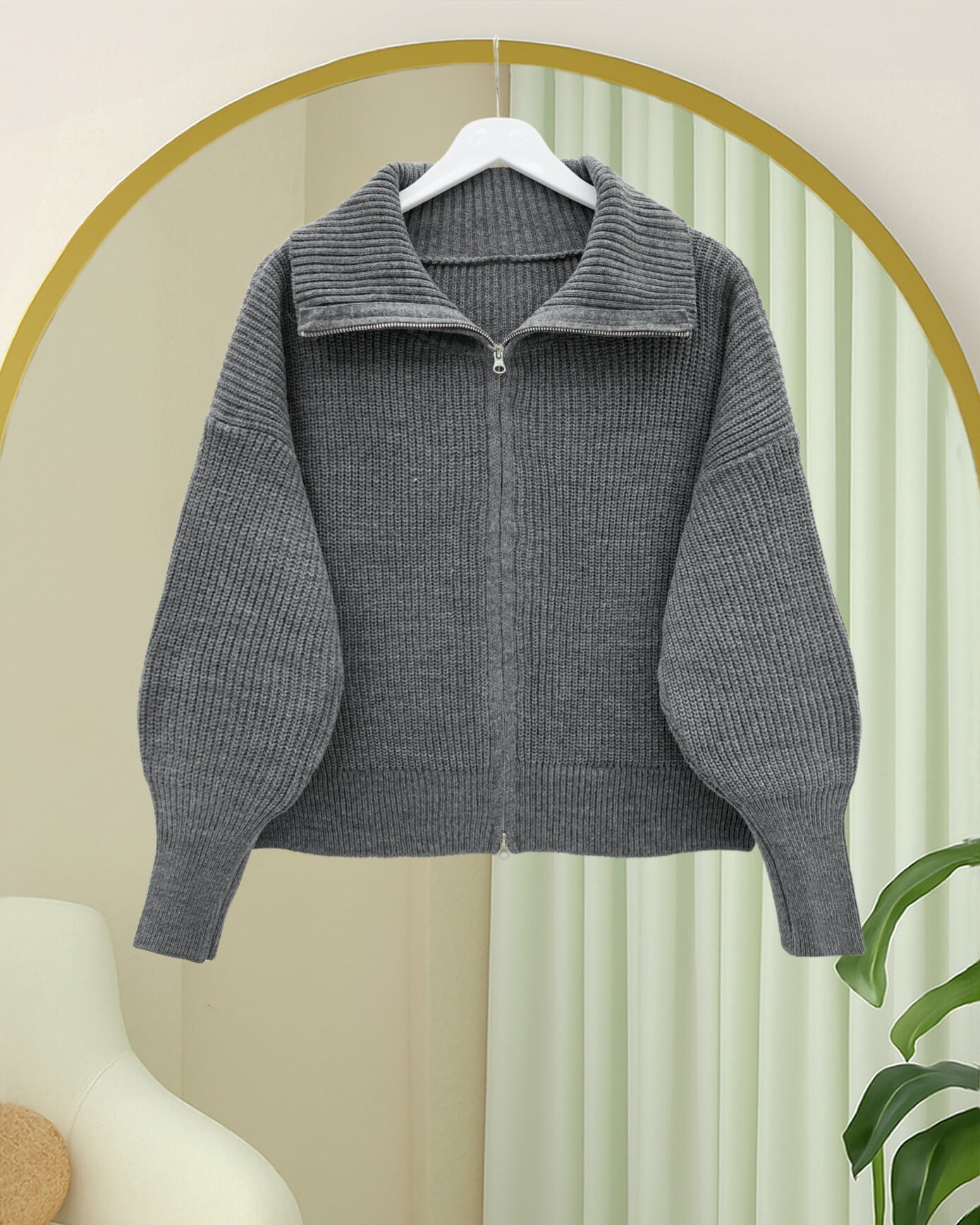 Half Collar Zip-Up Knit Cardigan - Smoke - Podyumplus - by Peralane - photo 4