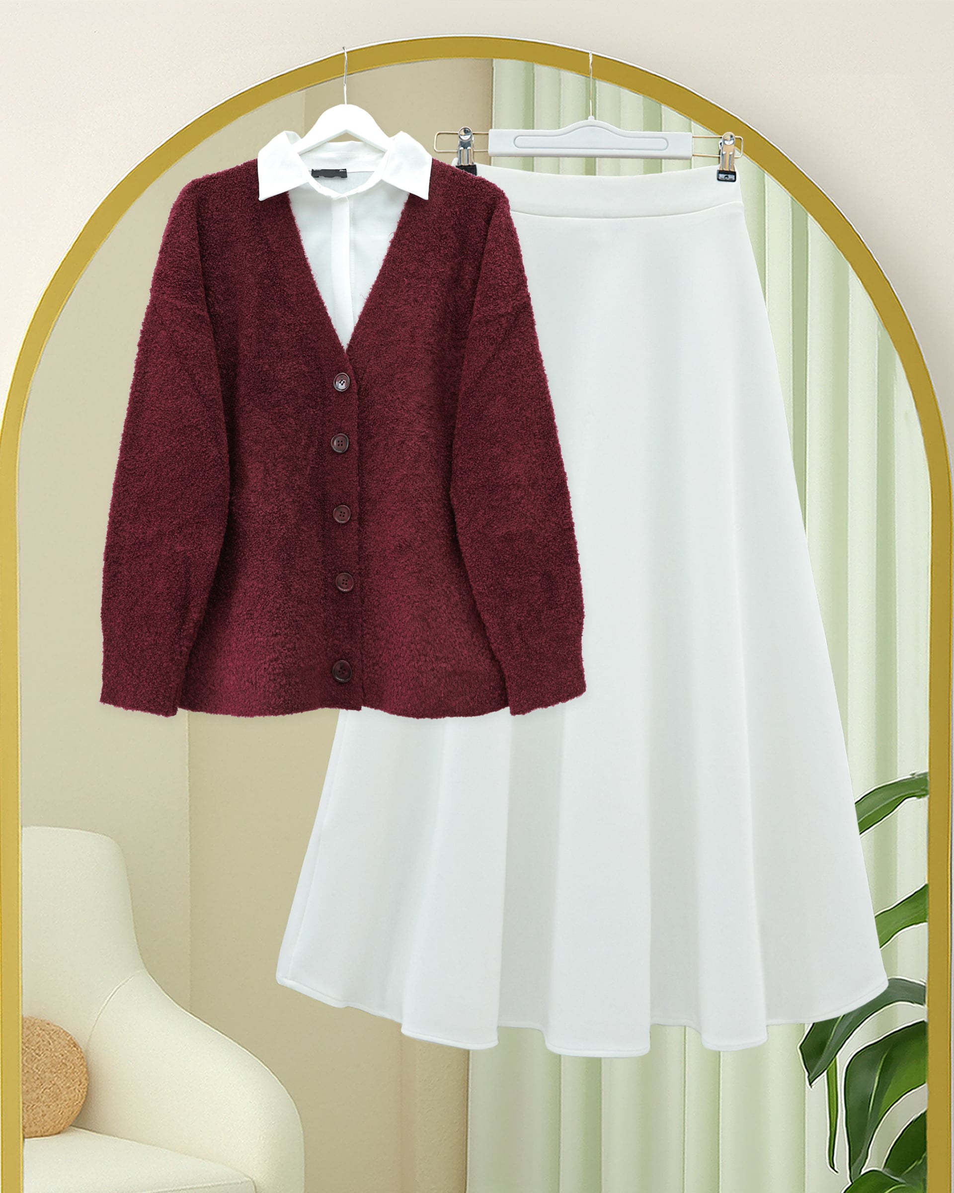 Buttoned Relaxed Knit Cardigan - Burgundy - Podyumplus - by Peralane - photo 4