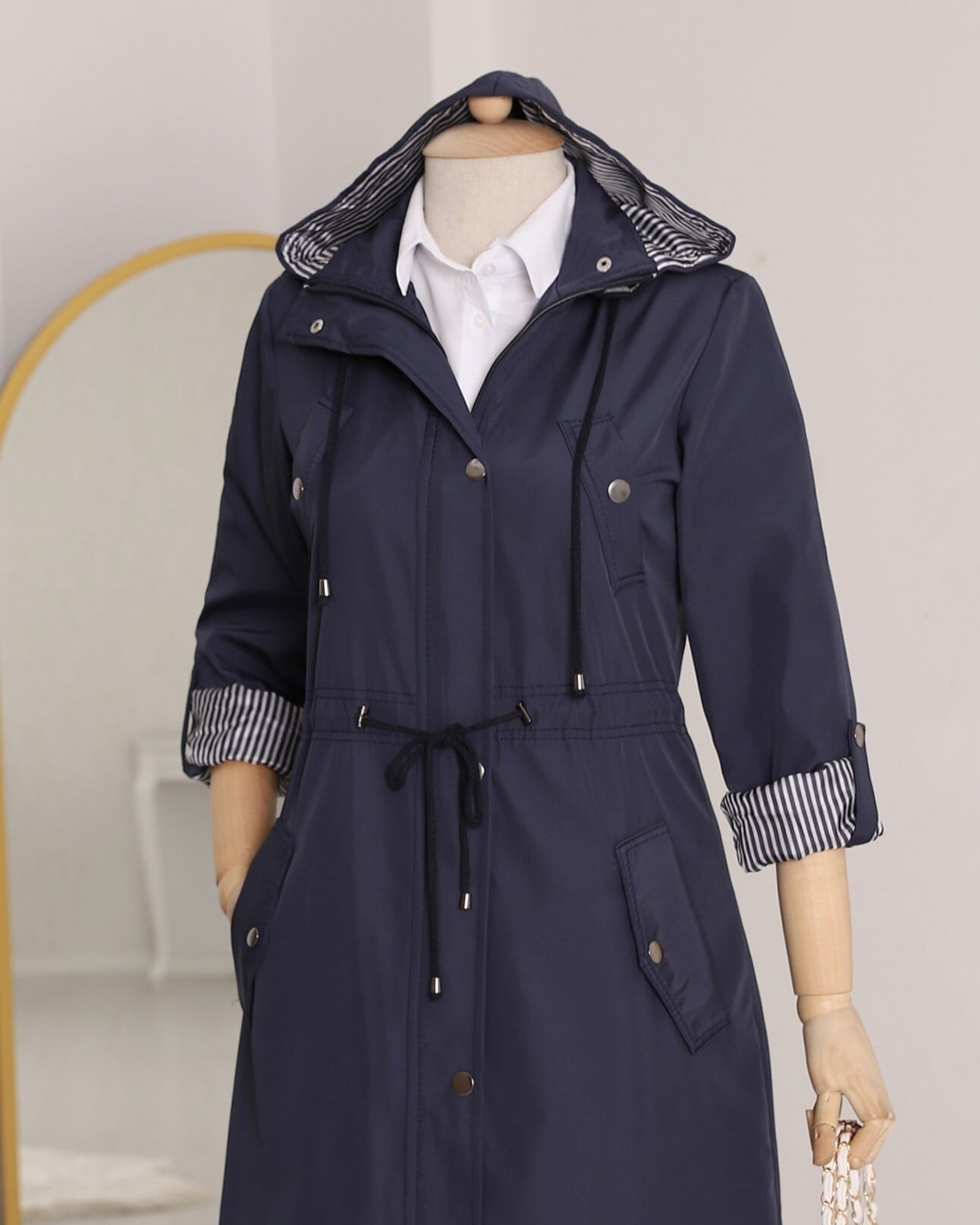 Navy Blue Lined Trench Coat - Podyumplus - by Peralane - photo 6
