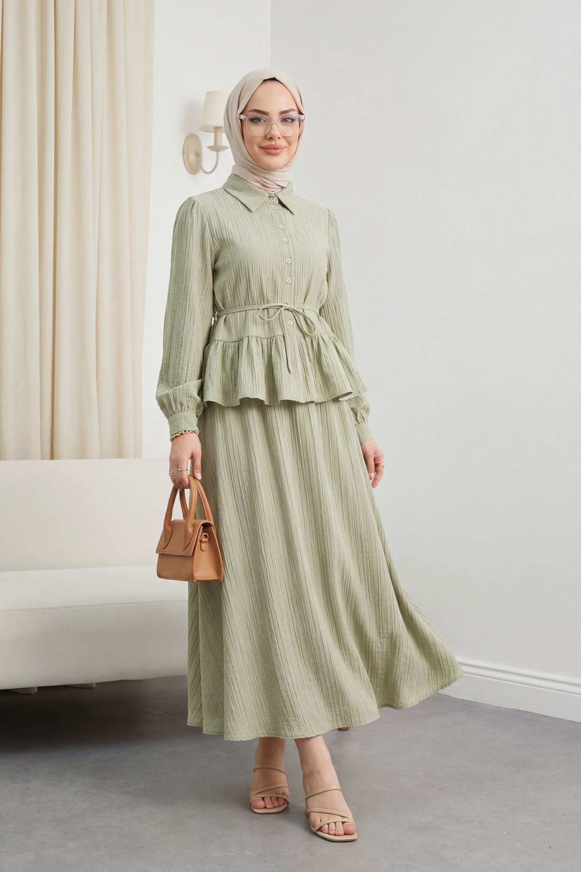 Ruffle Skirt Buttoned Tie-Waist Modest Set - Olive Green - Podyumplus - by Peralane - photo 4
