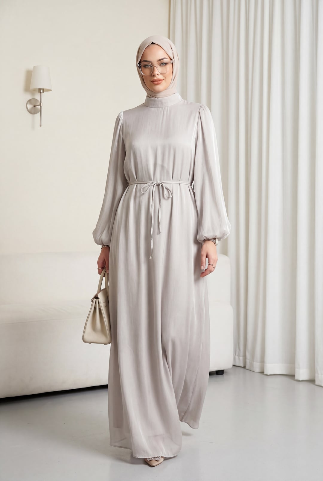 Belted Long-Sleeve Shimmer Formal Dress in Stone Colour - Podyumplus - by Peralane - photo 2