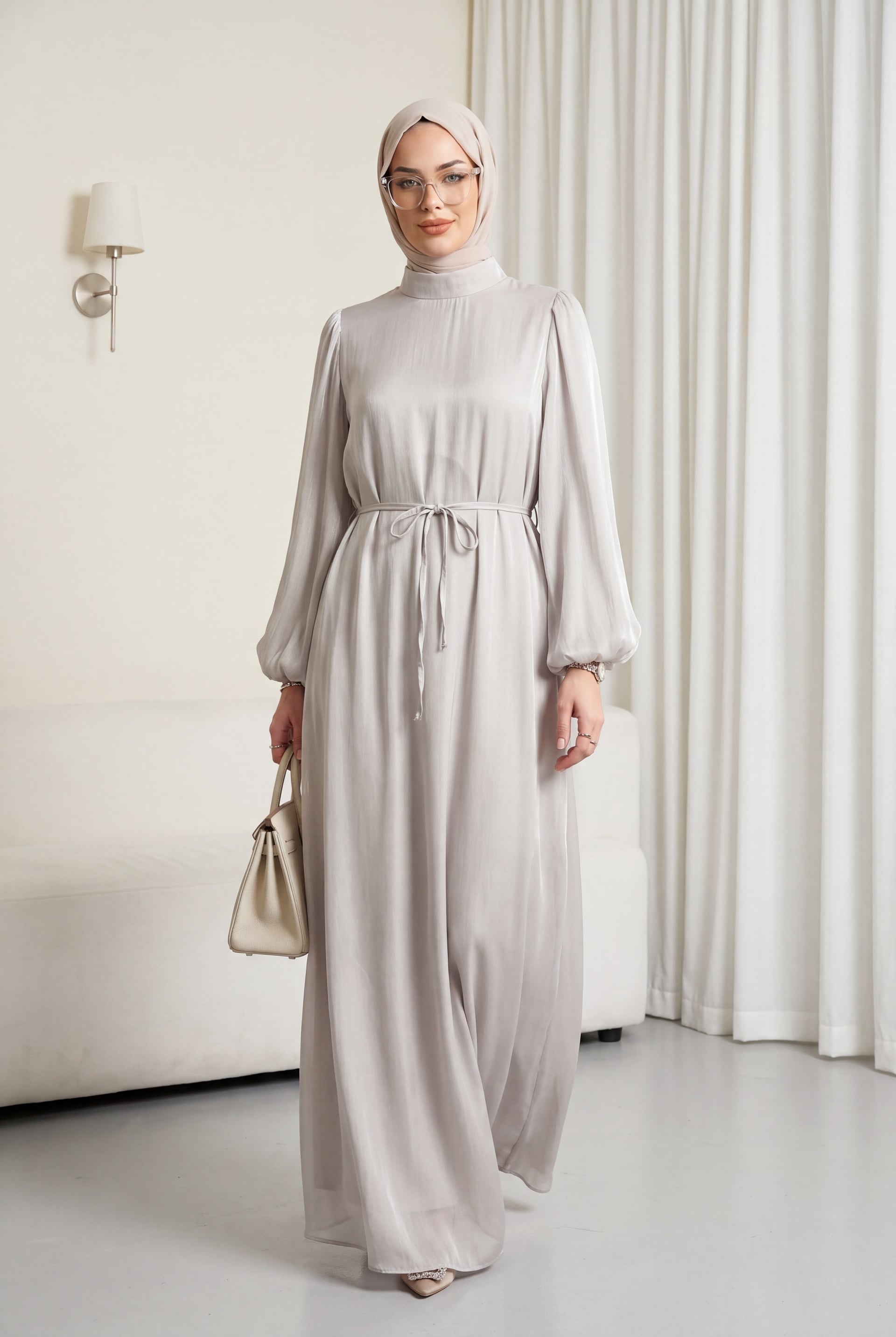 Belted Long-Sleeve Shimmer Formal Dress in Stone Colour - Podyumplus - by Peralane - photo 2