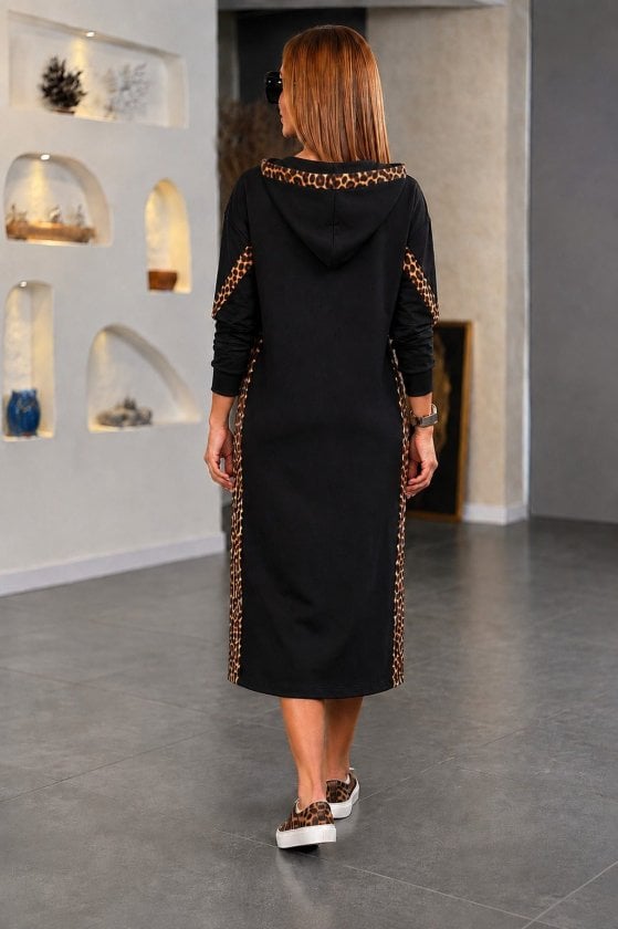 Women's Long-Sleeved Hooded Leopard Detail Midi Dress with Pockets - Janes - by Peralane - photo 2