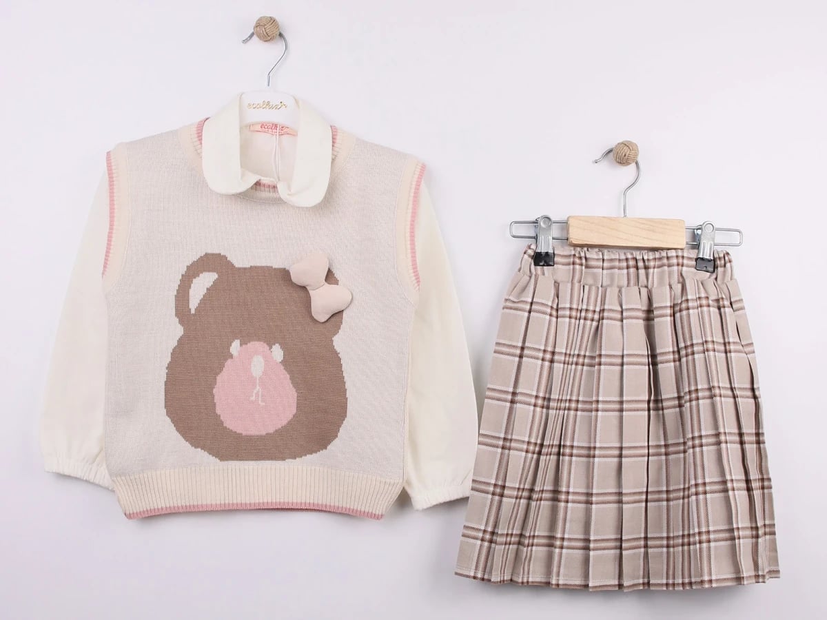 Girl's Two-Piece Knit Vest and Shirt Set with Pleated Skirt - Ecolkiz - by Peralane