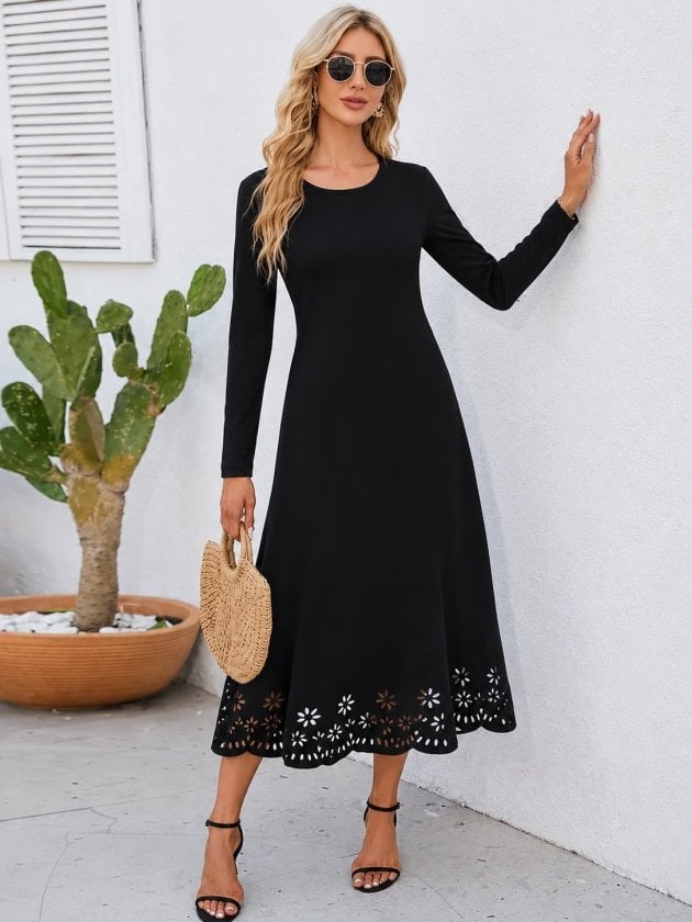Women's Long Sleeve Round Neck Floral Laser Cut Crepe Midi Dress - Janes - by Peralane