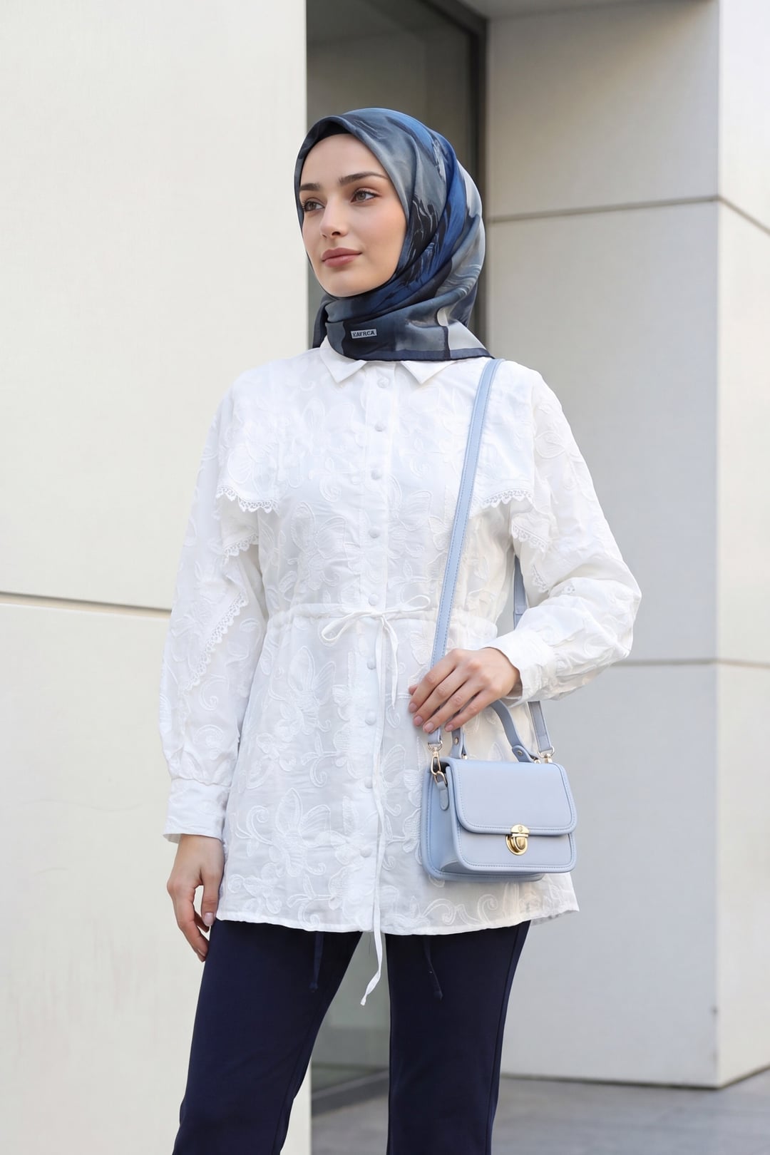 White Linen Tunic with Lace and Embroidery Detail, Tie Waist, Lined - Podyumplus - by Peralane