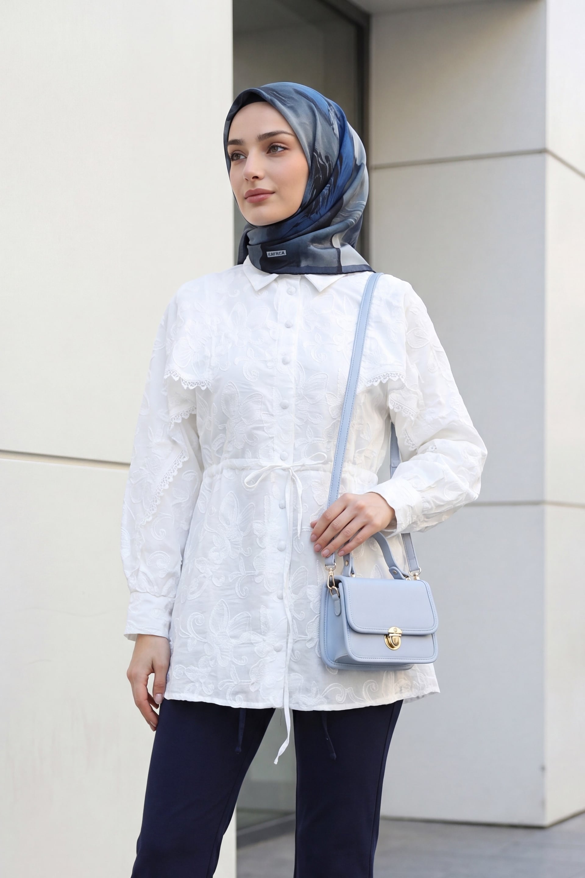 White Linen Tunic with Lace and Embroidery Detail, Tie Waist, Lined - Podyumplus - by Peralane